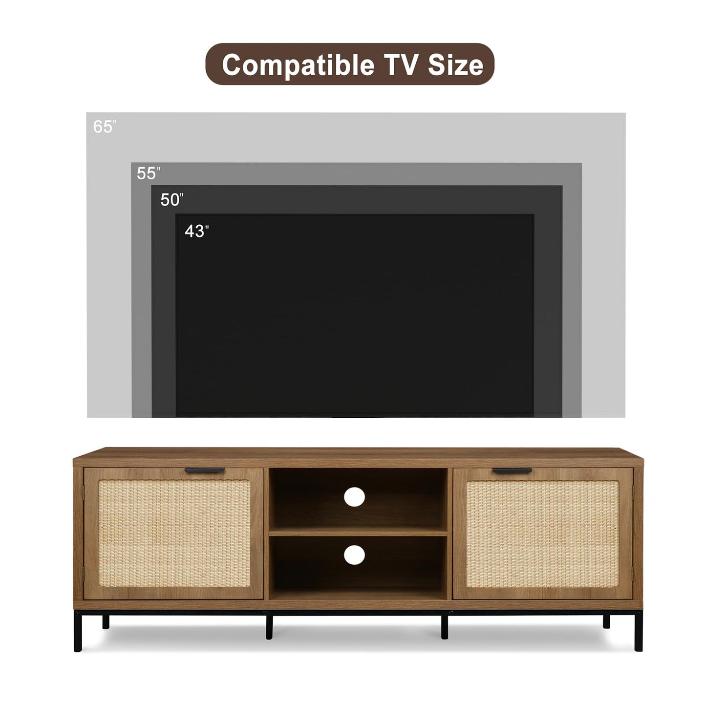 Yvsevnr TV Stand Cabinet TVs up to 65 Inches Wooden TV Console Unit with 2 Rattan Doors & Adjustable Shelves, Length 150 cm, Rustic