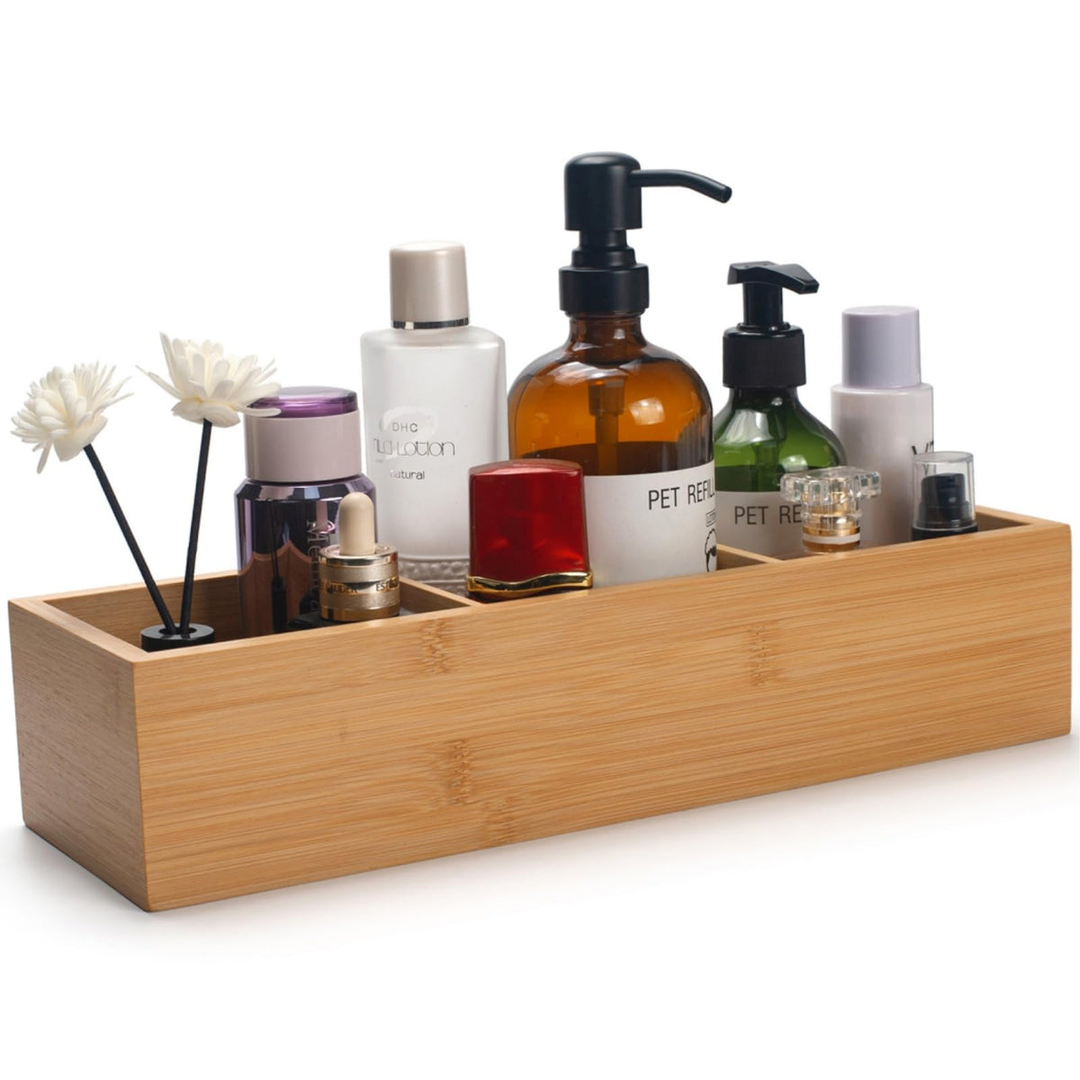 XIMISISE Bamboo Bathroom Basket, Wood Toilet Tank Basket, Wooden Storage Box With 3 Compartments for Bathroom Organizer 37 x 12 x 8 cm