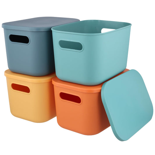 MAKTSAM 4 PCS Colorful Storage Bins with Lids, Thickened Coloured Stackable Storage Container Cupboard Storage Baskets for Shelf Cabinet Bedroom
