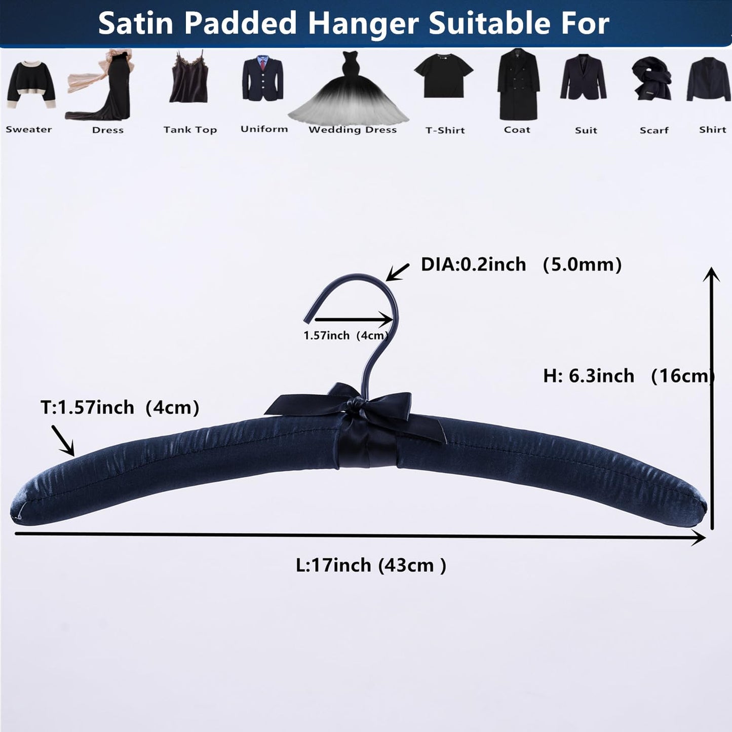 Cocomaya 43 cm Pack of 5 Extra Large Anti Slip Satin Padded Hanger No Bumps for Coats, Sweaters,Bridal Wedding Dress (Navy, 5)