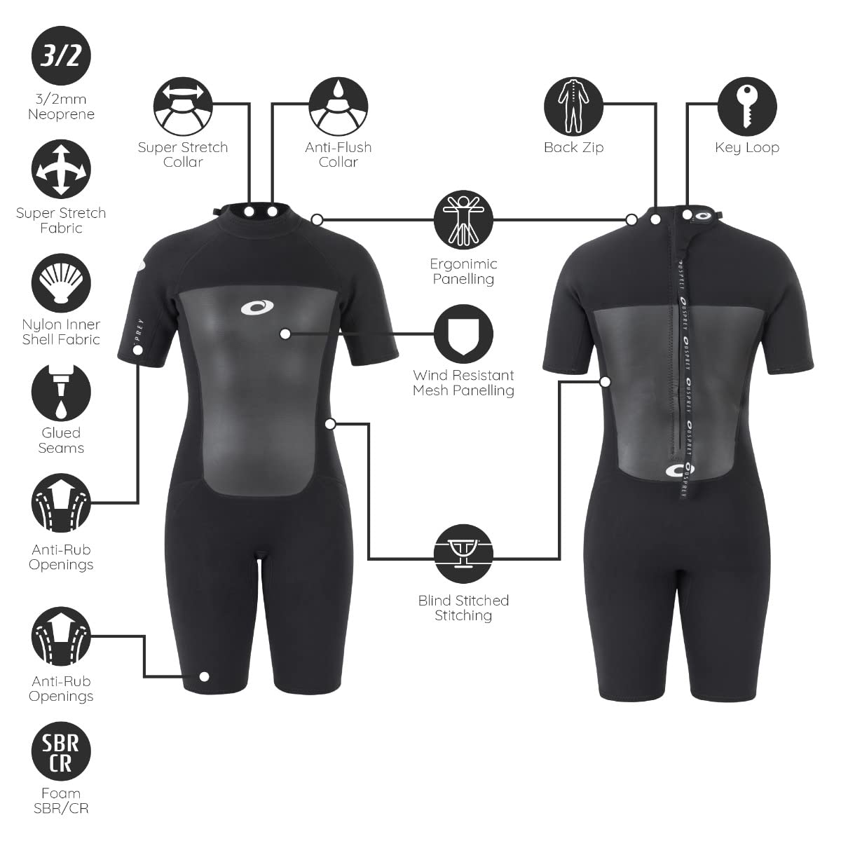 Osprey Women's Shorty 3 mm Summer Wetsuit, Adult Short Sleeve Neoprene Surfing Diving Wetsuit, Origin, Multiple Colours, S