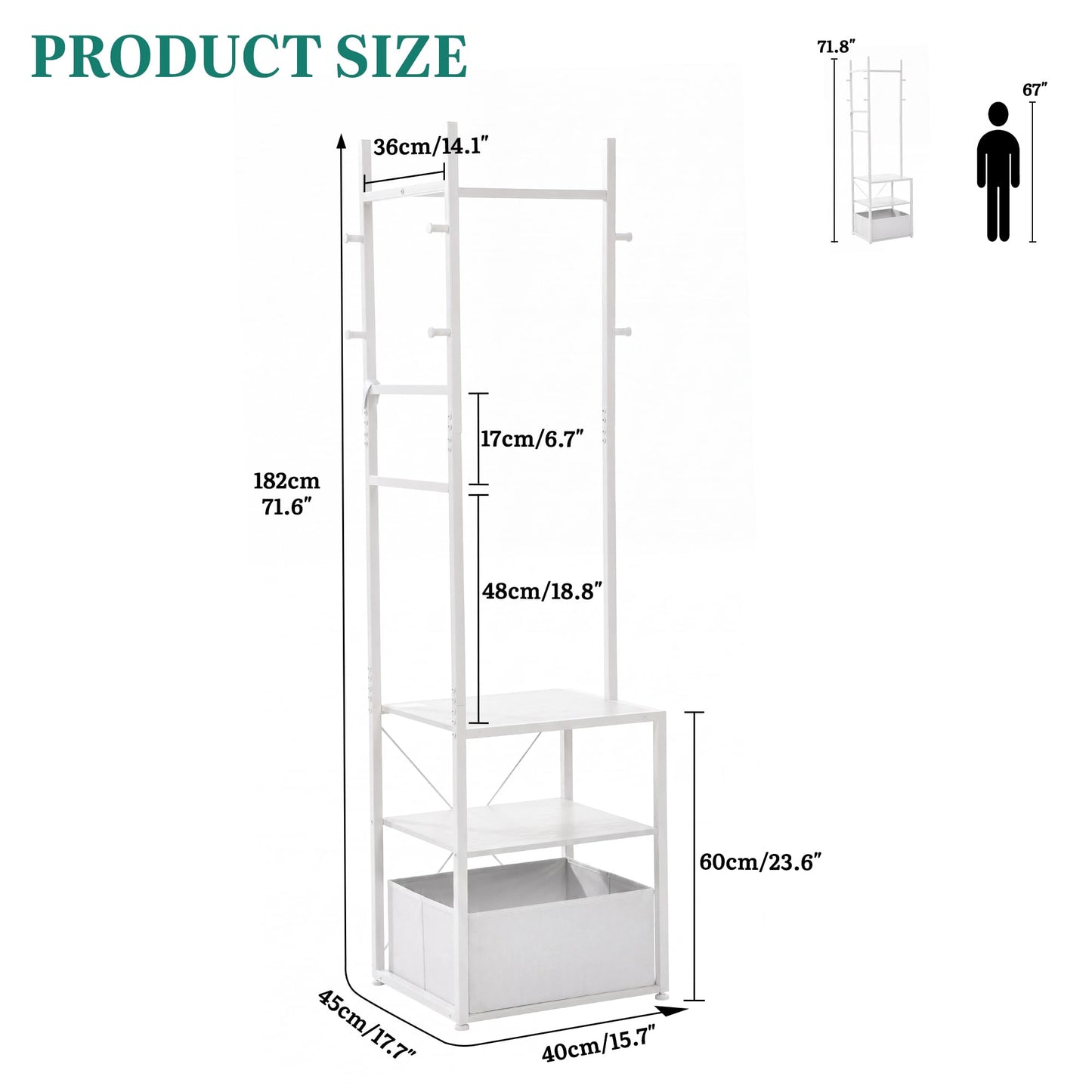 YITAHOME Coat Stand, Clothes Rack Hall Tree with Shelves & Hooks, White