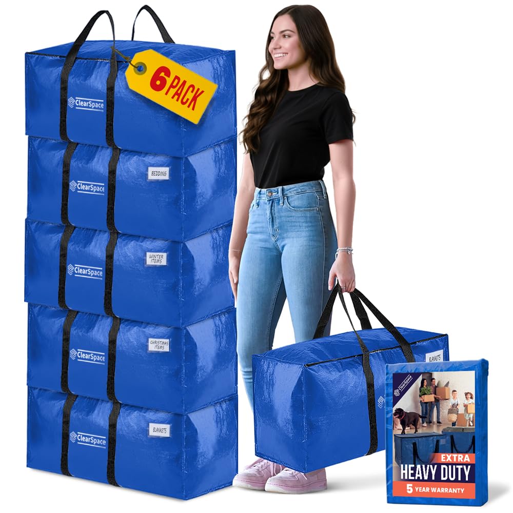 ClearSpace Heavy Duty Moving Bags or Storage Bins with Lids, Blue, 6 Pack