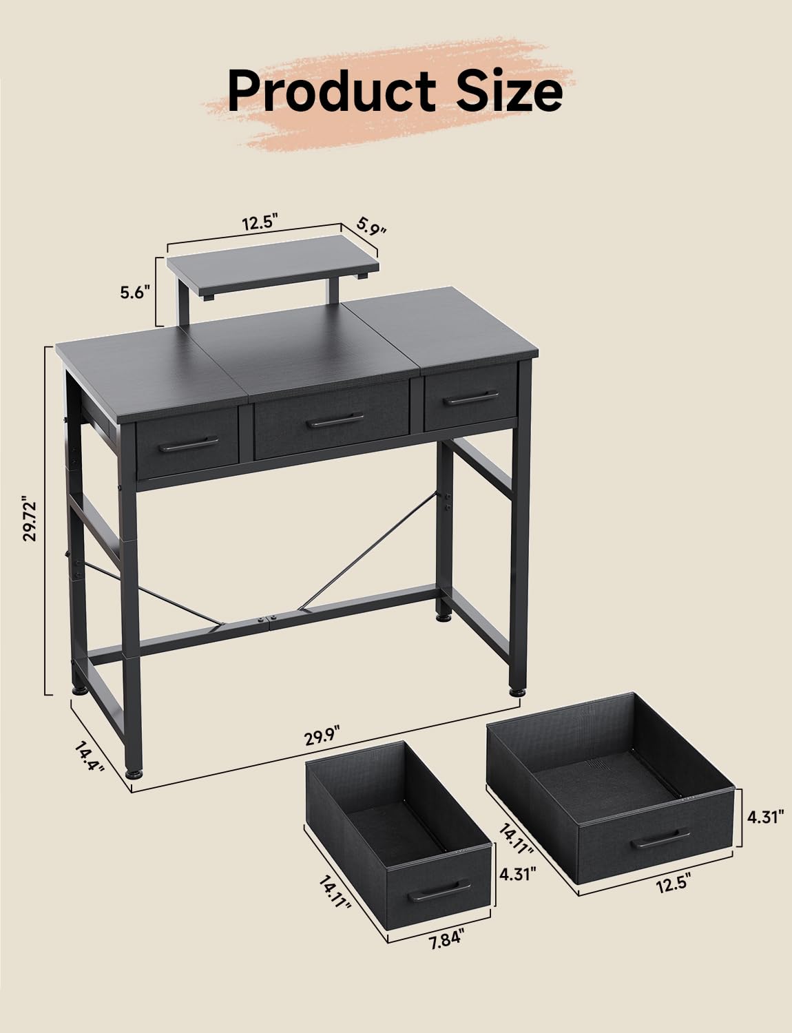 KitMent Small Desk with 3 Fabric Drawers, Small Computer Desk with Adjustable Monitor Stand and Hook, 76x36cm Table for Makeup Vanity