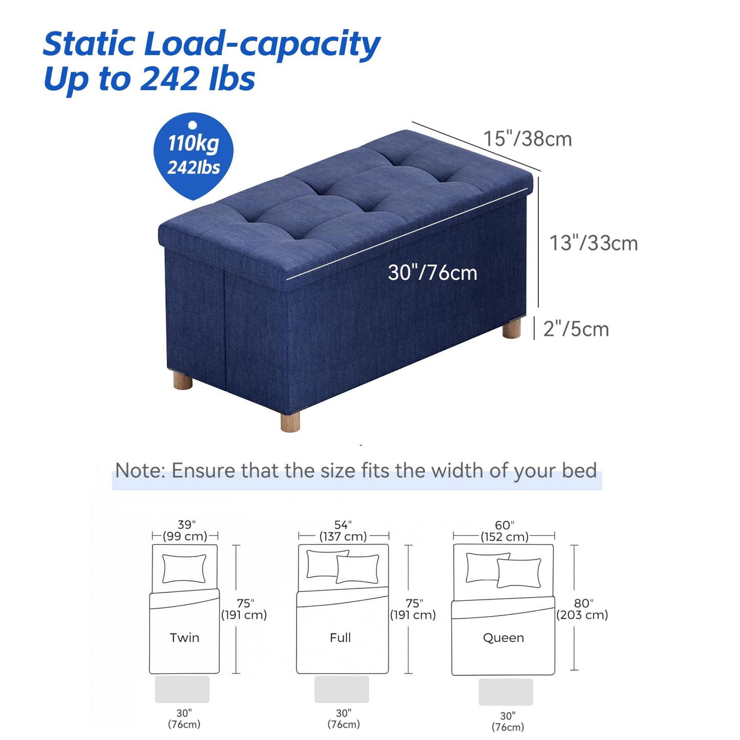 BRIAN & DANY Ottoman Storage Box with 4 Wood Legs, Linen Storage Ottoman for Living Room, Blue, 76 x 38 x 38 cm