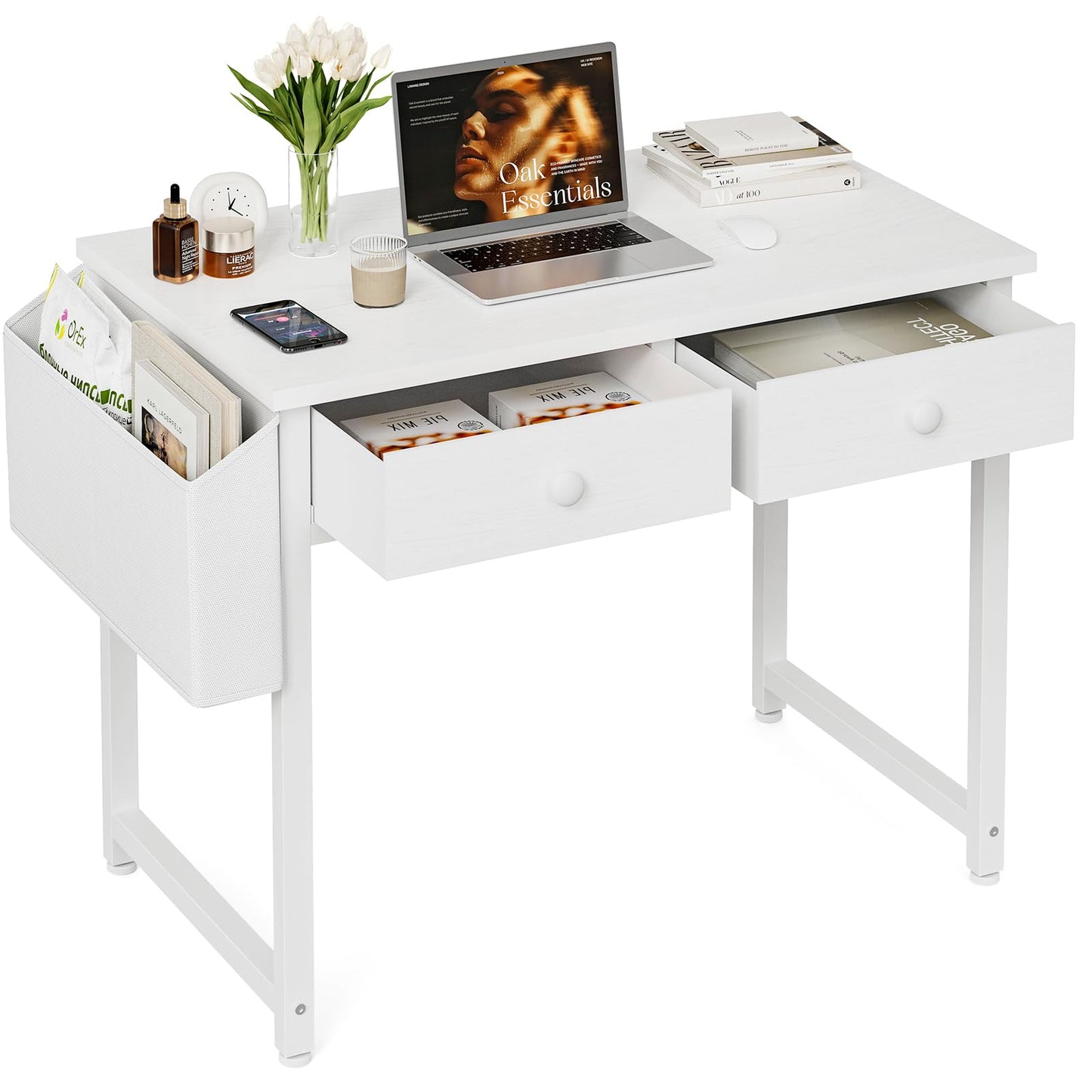 Grandder Small Computer Desk with 2 Fabric Drawers, 80 x 40 cm Home Office Desk with Storage Bags and Drawers
