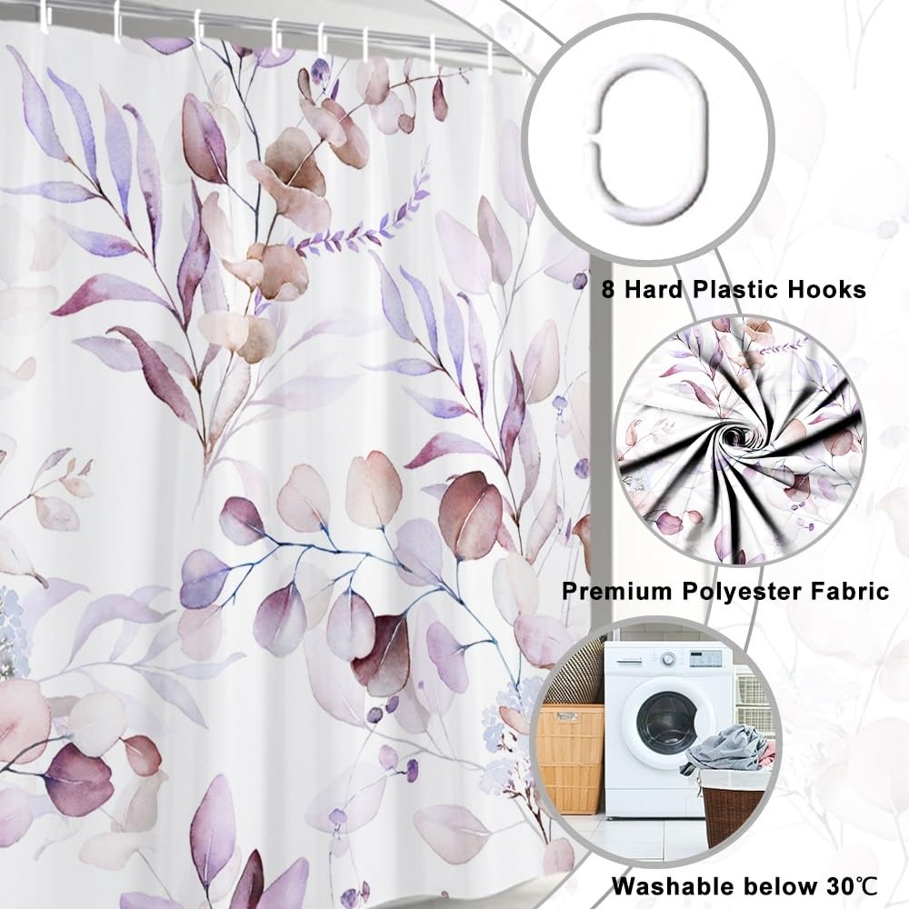 Uiiooazy Eucalyptus Shower Curtain, Pink Violet Leaves Floral Bath Curtain Mildew and Mould Resistant Waterproof Polyester Fabric Washable Opaque