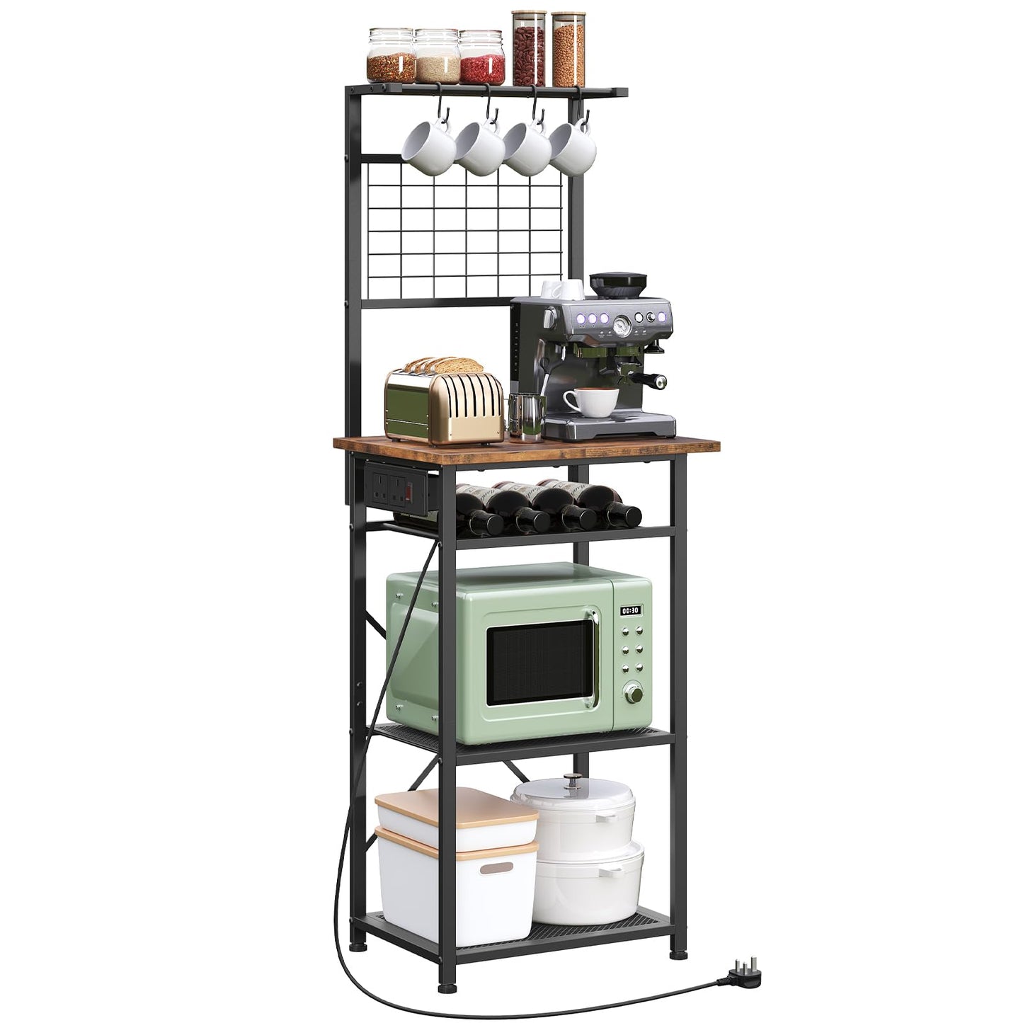 MAHANCRIS Bakers Rack, Microwave Stand with Power Outlet, Coffee Bar Station with Wine Rack and Hooks, Kitchen Storage Shelf