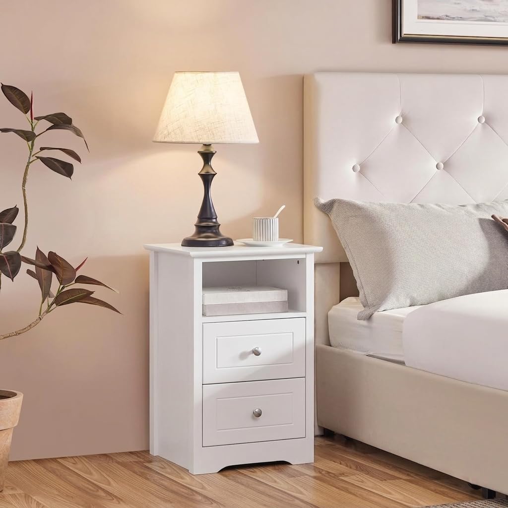 Yaheetech Set of 2 Bedside Tables with 2 Drawers and Open Shelf, White
