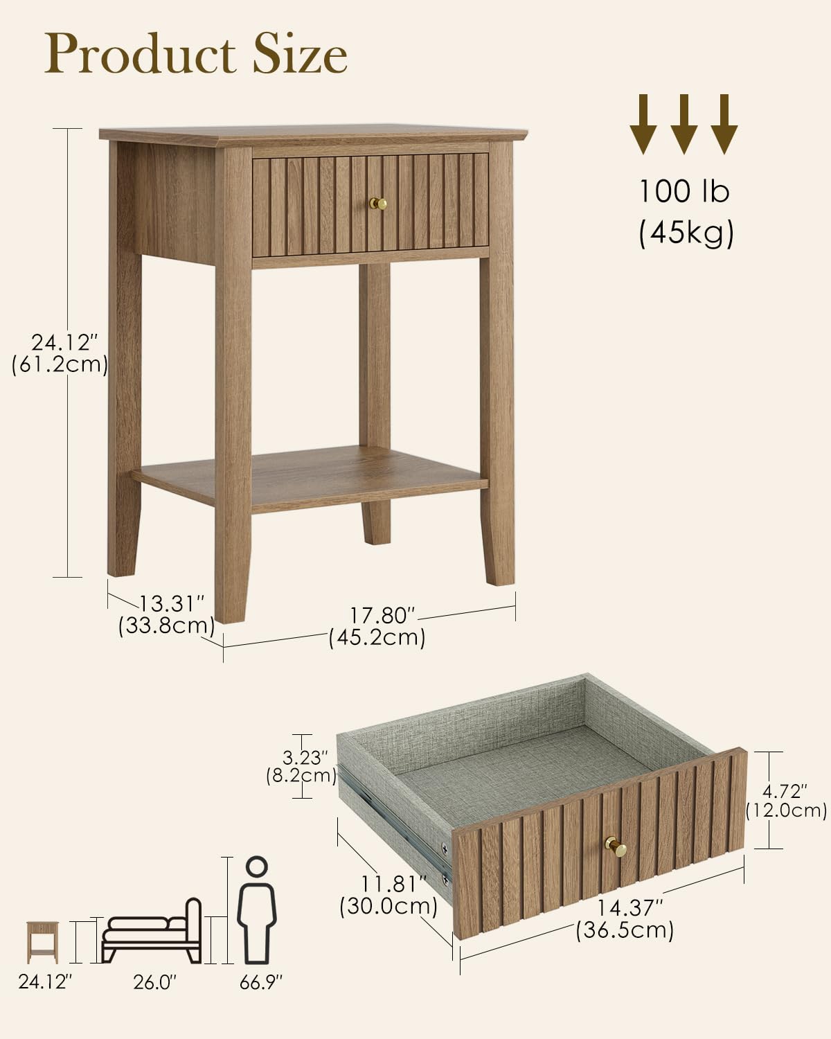 HEYZOEY Bedside Table Chest of 1 Drawer, Bedside Cabinet Wooden Nightstand, Modern Side Table for Living Room,Bedroom,Office,Walnut