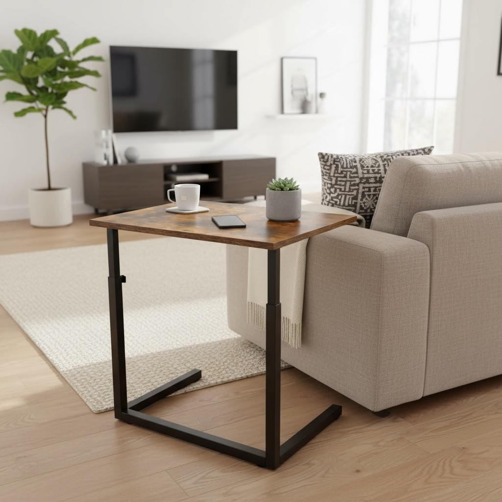 Tinymod C-Shaped Sofa Side Table for Couch & Bed, Height Adjustable Laptop Table, Rustic Brown