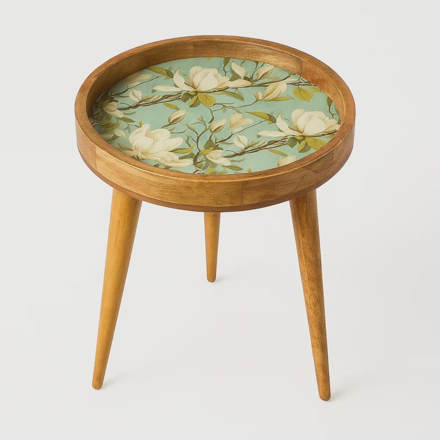 Woodmede Mango Wood Side Table 18” – Handmade Round Accent Table with 38cm Resin-Coated Enamel Top