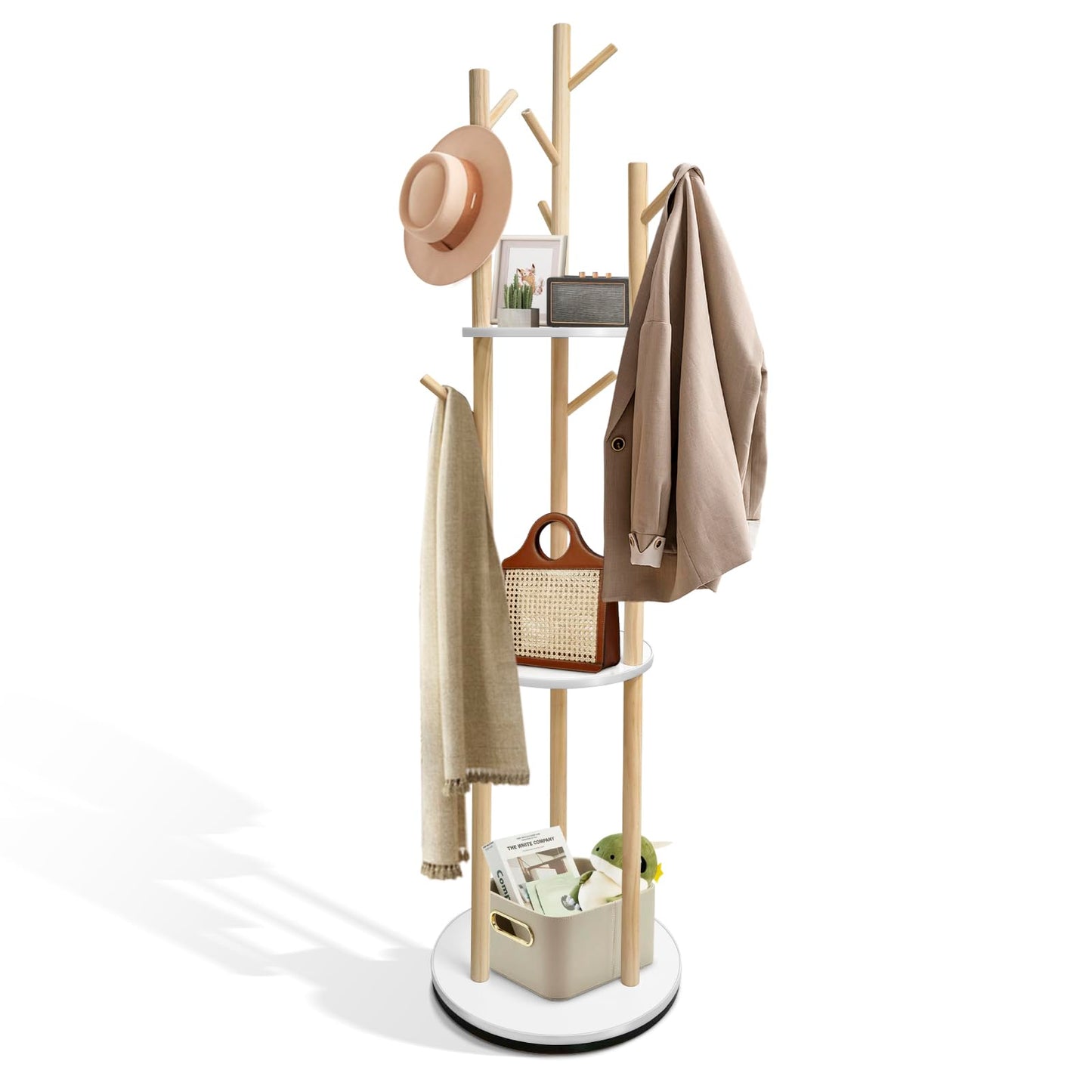 SUNDOY 165CM Rotating Wooden Coat Rack Freestanding with 3 Shelves & 9 Hooks, Hall Tree Stand for Entryway, Bedroom, Hallway & Living Room