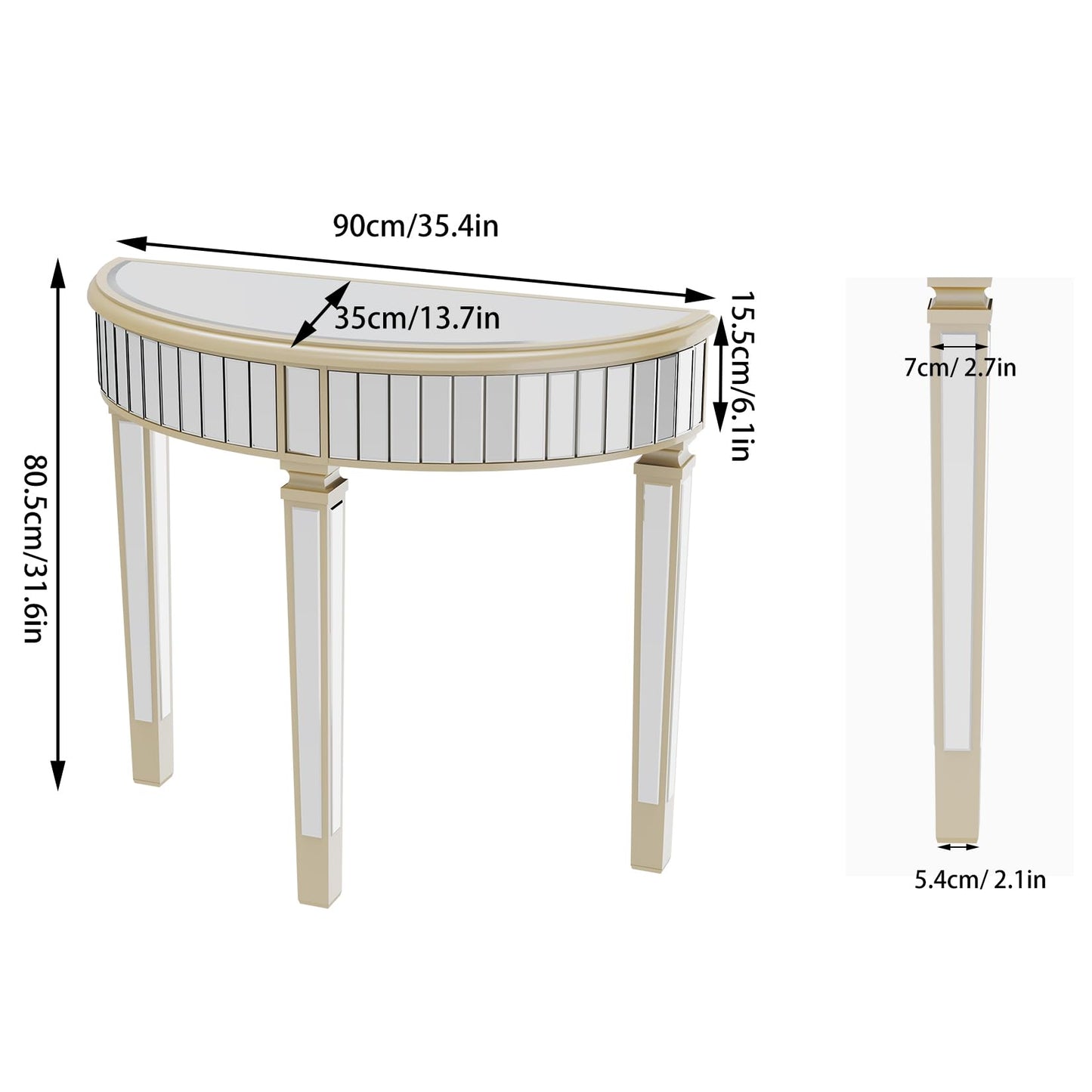 Artloge Half Moon Console Table Mirrored : Silver Hallway Table 90 x 35 x 80.5cm Aesthetic Elegant Glass Console Tables with Sturdy Square Column Leg