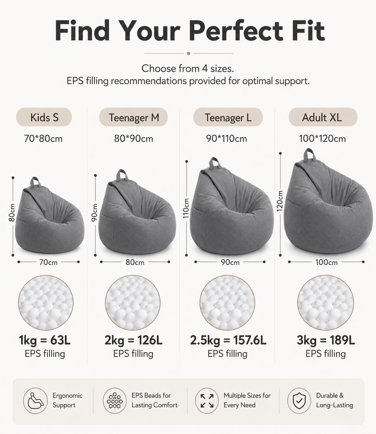 Highdi Kids Bean Bag Without Fillings - Cotton Linen Durable & Comfortable, Grey Storage Bean Bag Chair for Living Room/Bedroom/Gaming Room