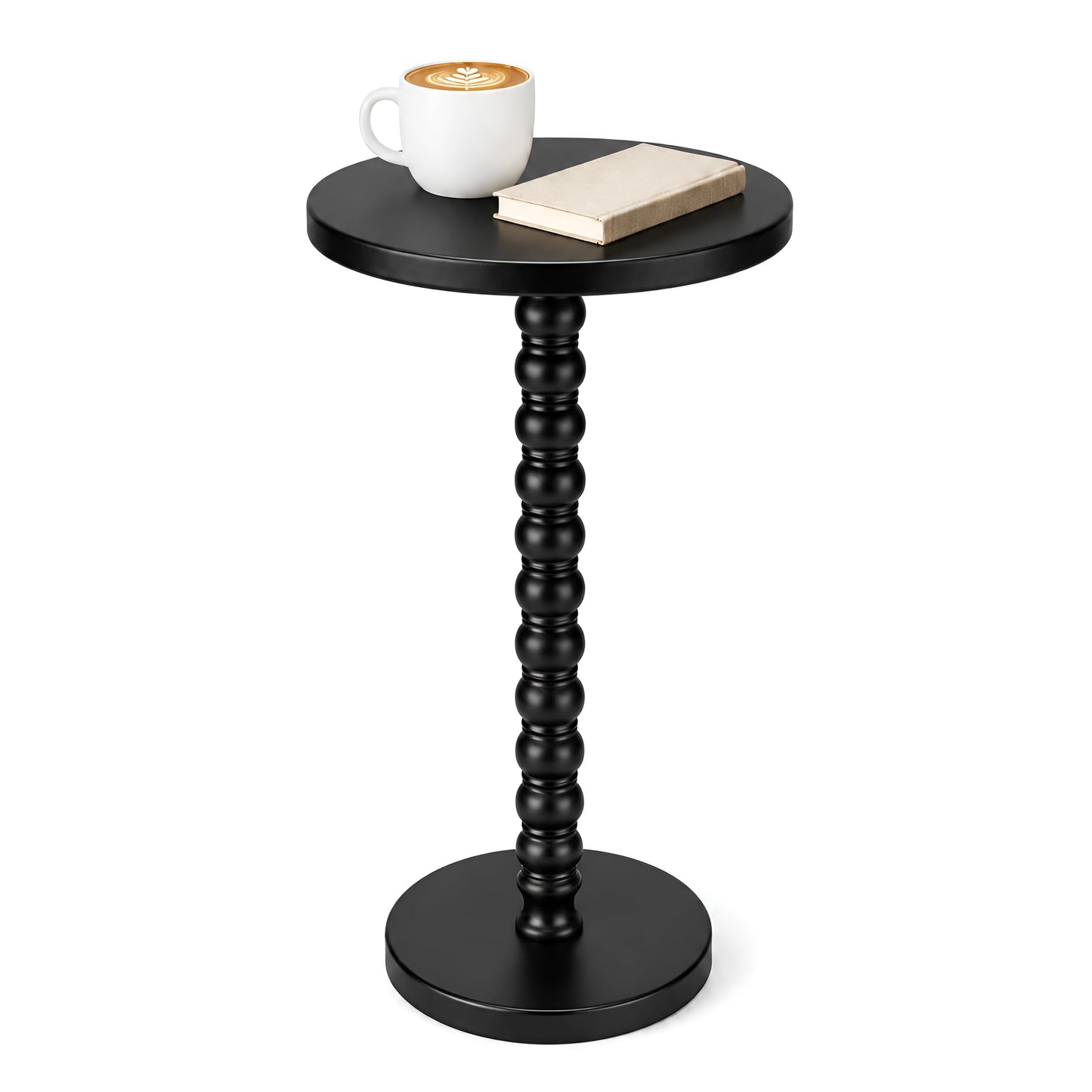 Junistra Round Drink Table, Small Pine Wood Beaded Pedestal Side Table for Sofa, Living Room, Bedroom and Small Spaces, Black