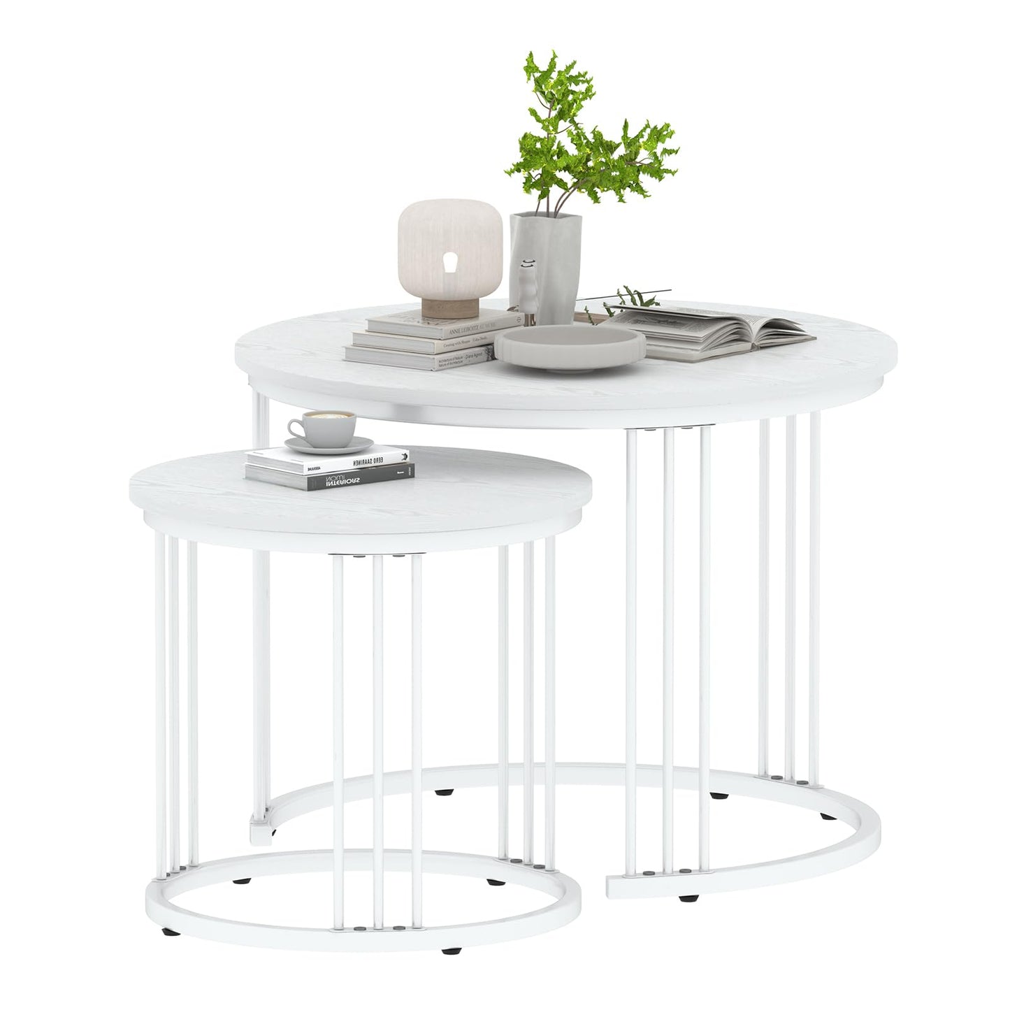 Huhote Round Coffee Tables, Set of 2 End Table, Nesting Tables, Side Table with Metal Frame for Living Room/Bedroom/Balcony/Office/Apartment