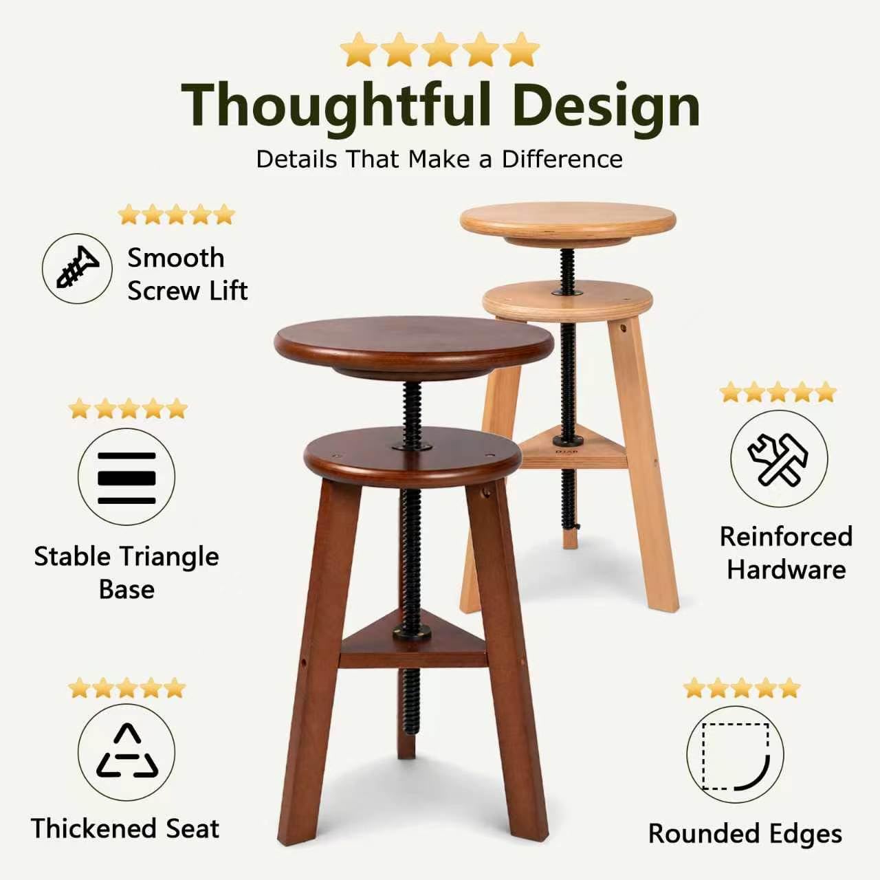 DJAR Wooden Drafting Stool, Adjustable Beech Wood Artist Stool Chair, Swivel Height Adjustable Seat 19"-26", FSC-Certified Wood, Supports 180 Lbs