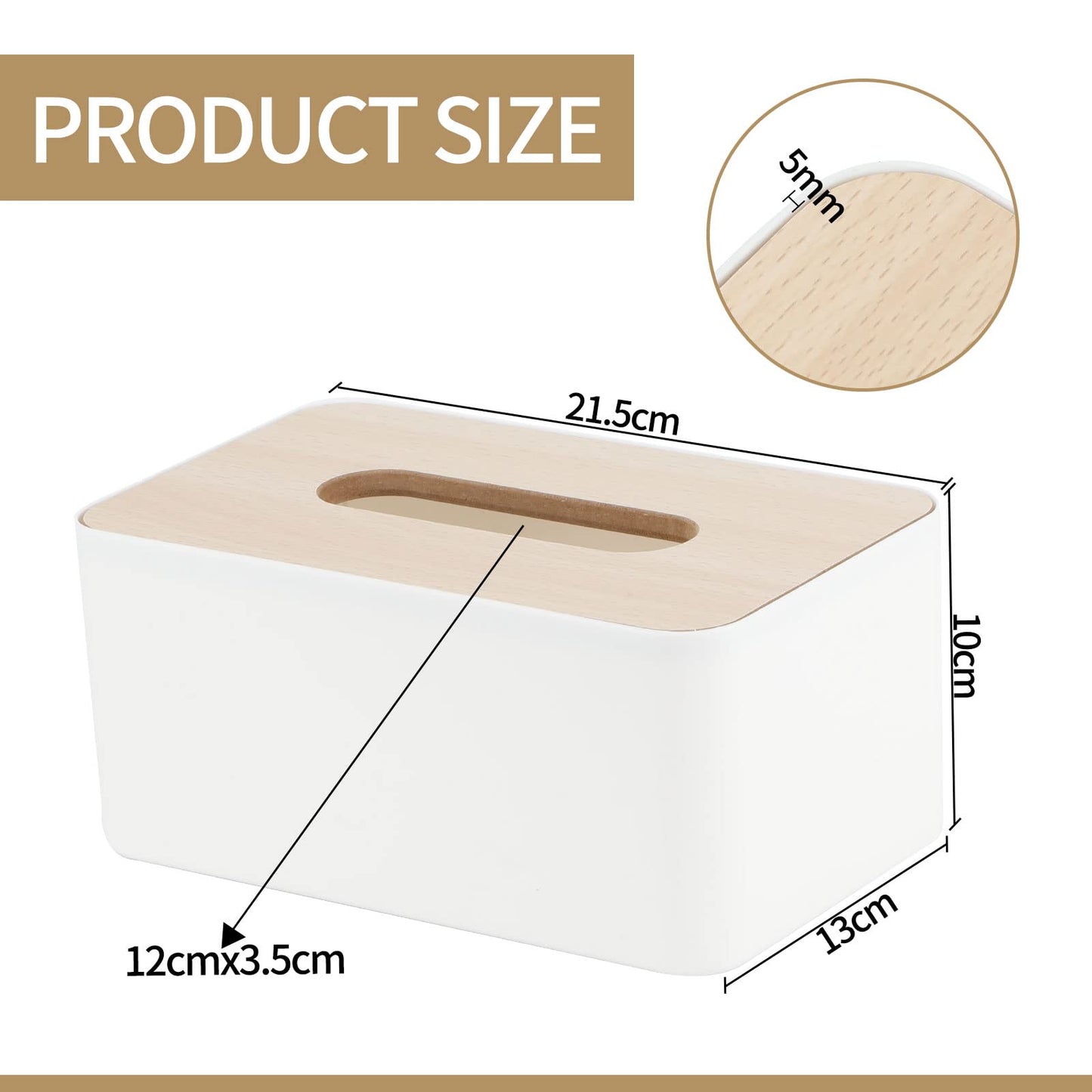 Tissue Box with Bamboo Top, Rectangular, Plastic, Tissue Dispenser Box for Living Room, Office, Car, Bathroom (White)