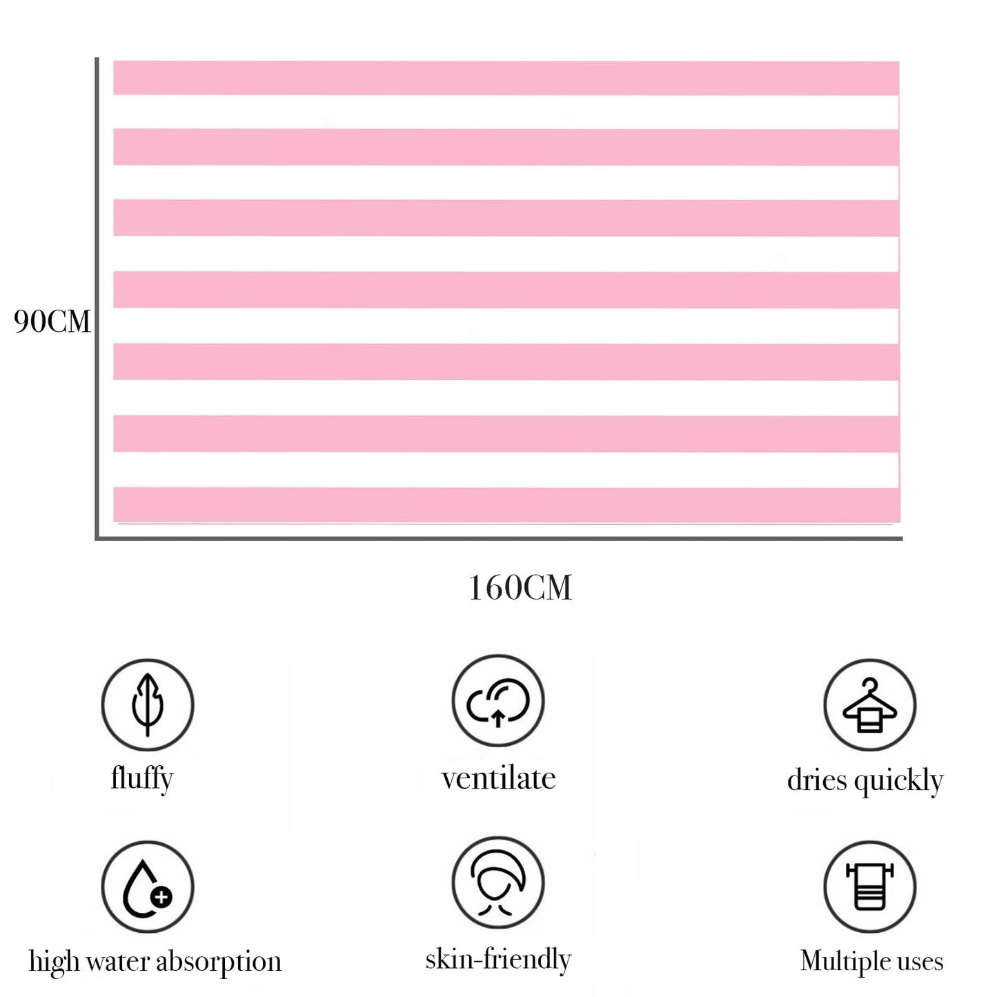Large Quick Dry Microfibre Beach Towels for Adults,160X90cm Double Sides Pink Stripe Bath Towel Travel Towels with Pockets,Lightweight Beach Towel