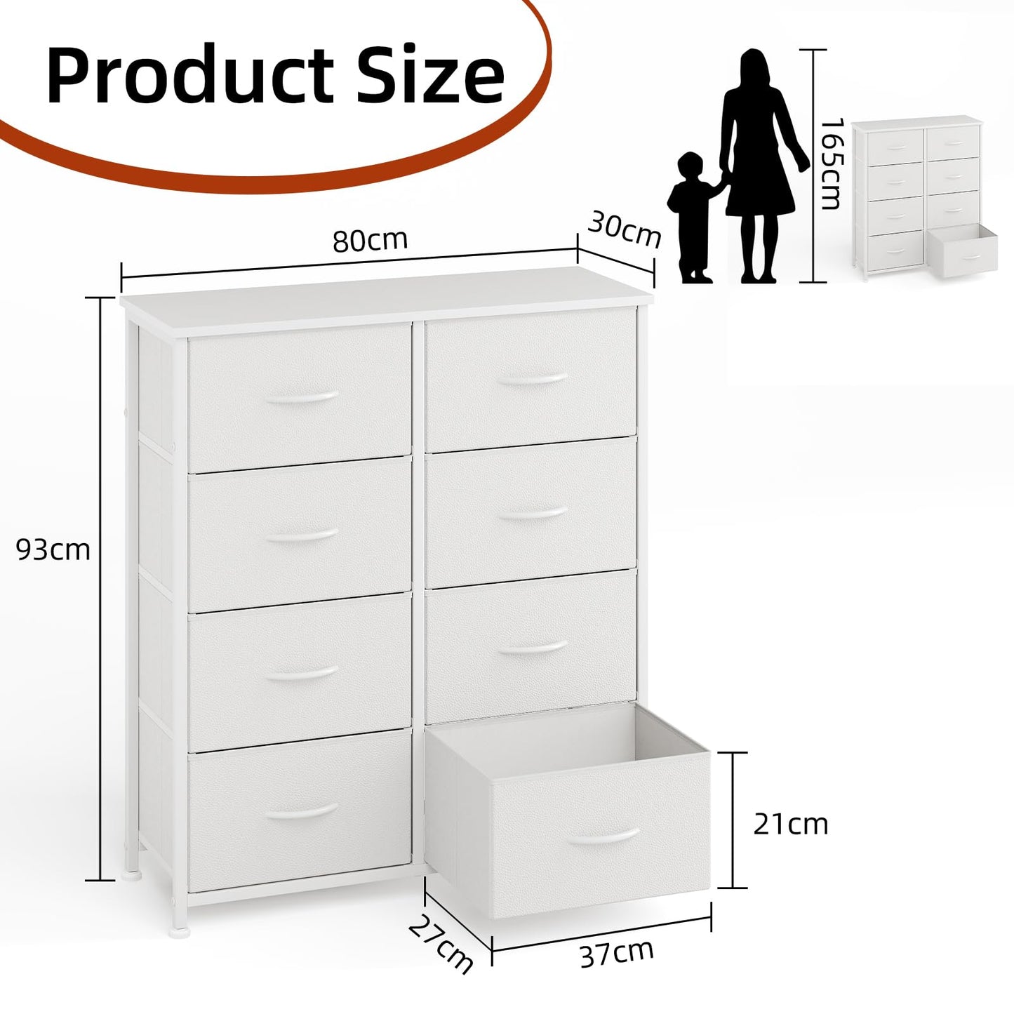 CAIYUN 8 Drawer Dresser, Tall Fabric Chest of Drawers with Wooden Top & Sturdy Metal Frame, Vertical Storage Cabinet for Bedroom, Closet, Nursery