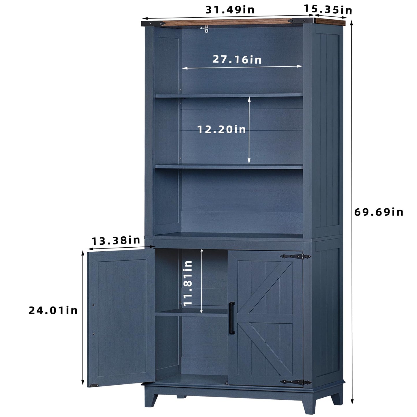 LELELINKY 70in Tall Bookshelf 5 Tier Bookcase with Barn Doors and Adjustable Shelves, Blue Farmhouse Book Shelf with Storage Cabinet