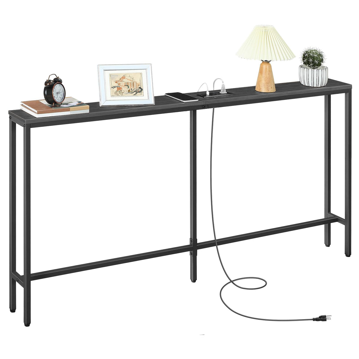 MAHANCRIS Skinny Console Table with Power Outlets, 160 cm Narrow Sofa Table, Behind Couch Table with Charging Station for Plants, Living Room