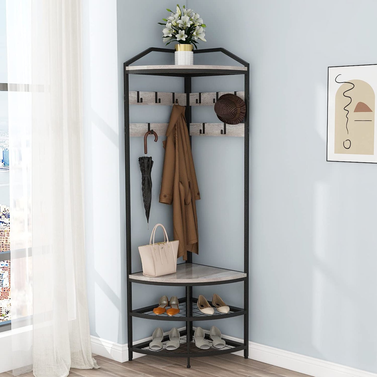 VEDECASA Corner Hall Tree Coat Rack with Shoe Bench and Storage Shelf 4-Tier Freestanding Entryway Corner Organizer with 10 Metal Movable Hooks and