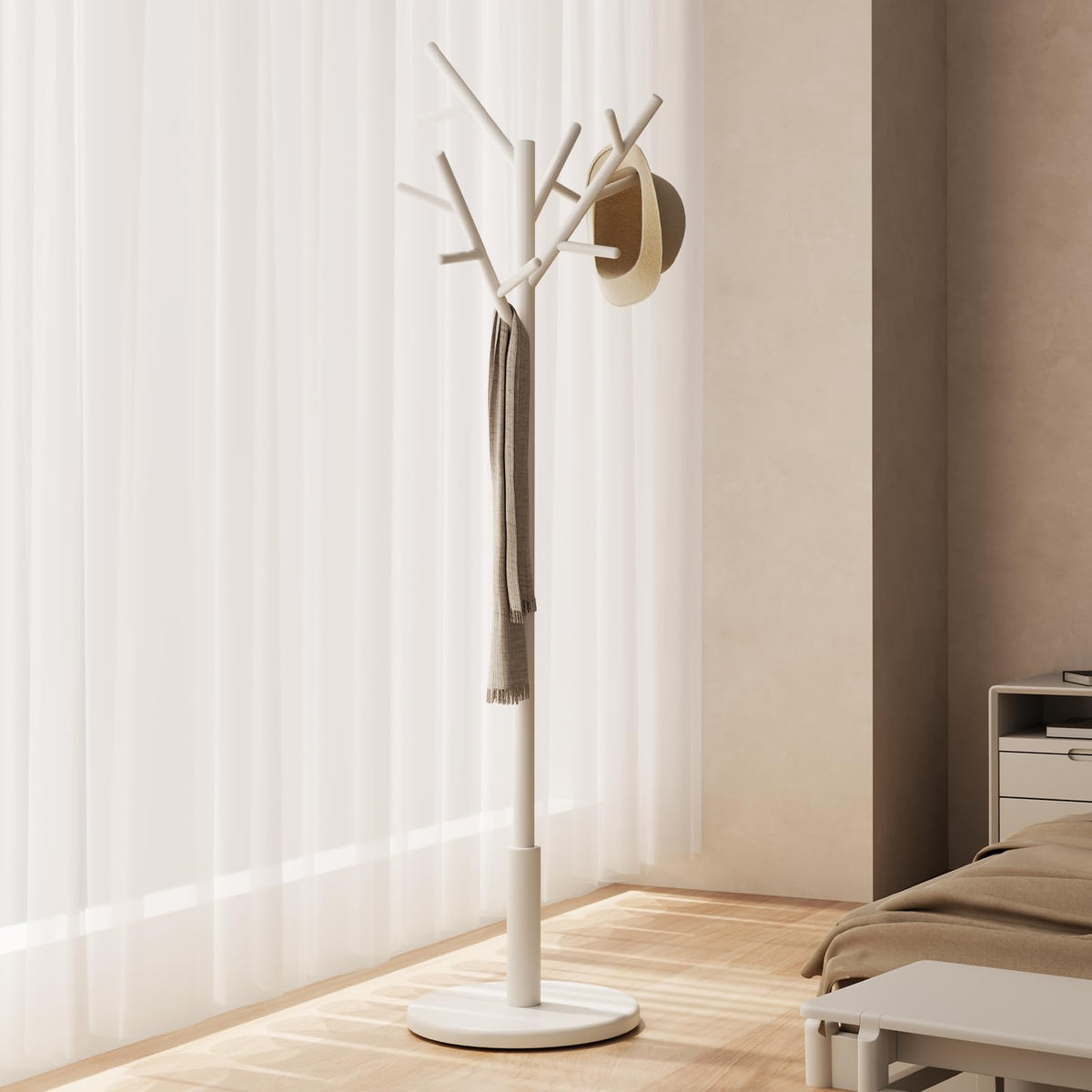 AQIMUELE Coat Stand, Wooden Coat Rack, Freestanding Stand with 12 Hooks, 3 Heights for Clothes, Hats, Bags, Coat Stands for Hallway, Small Space