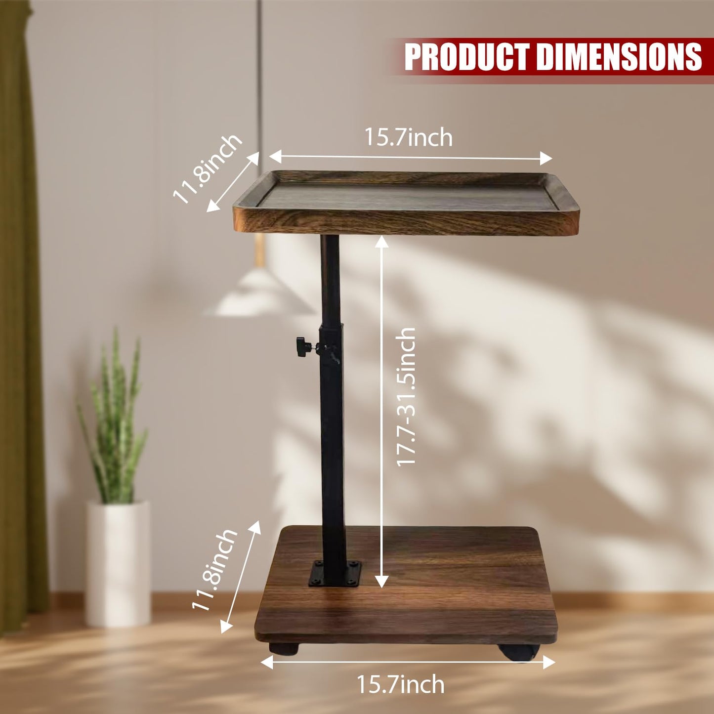 Aegistus C Table End Table Adjustable Height, 360°Swivel TV Tray Table for Small Spaces with 4 Casters(Walnut Brown)