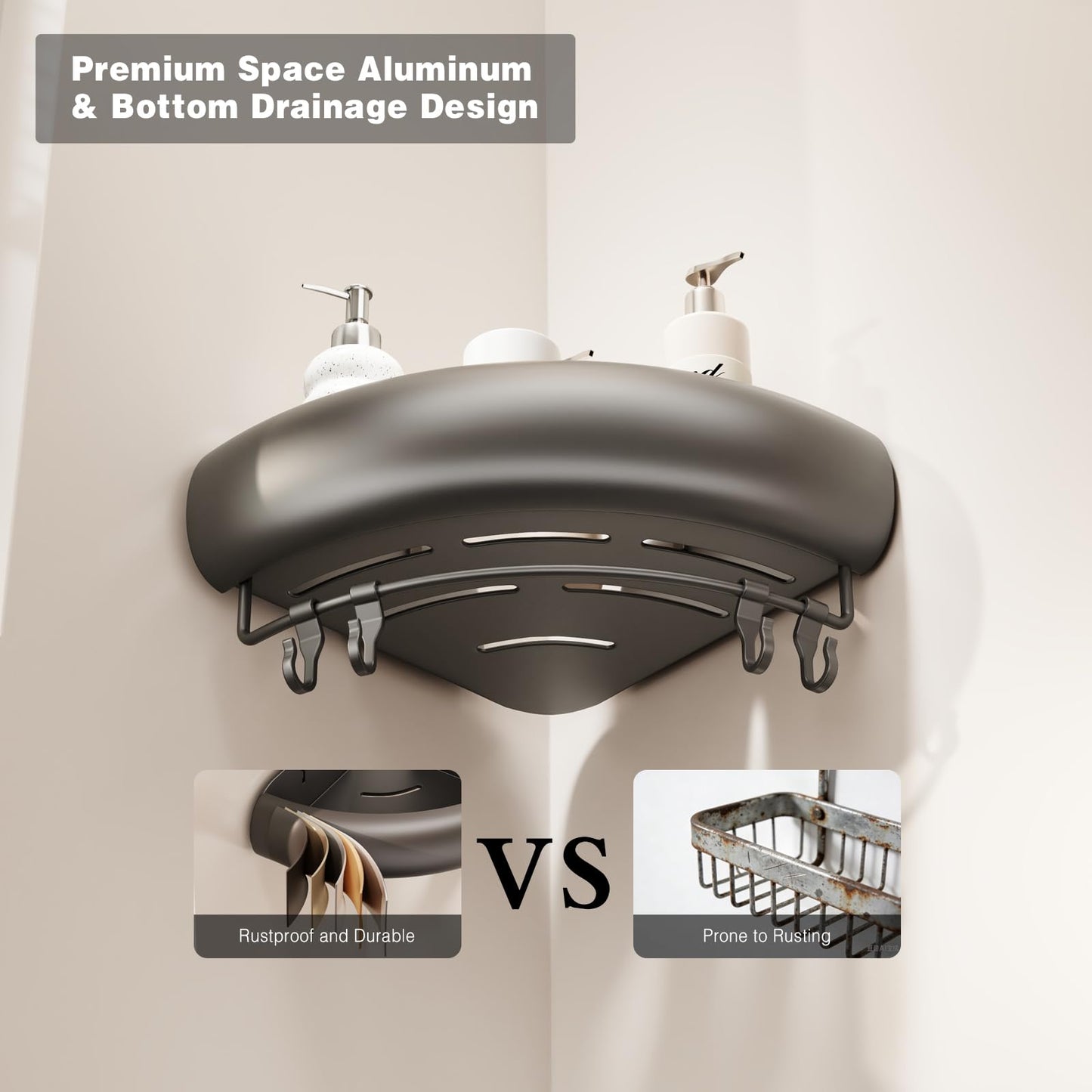 Voldra Corner Shower Caddy Suction Cup, Arc Shower Shelf Coner No Drilling Bathroom Coner Shelves Suction Shower Organiser Rack Adhesive Corner Caddy