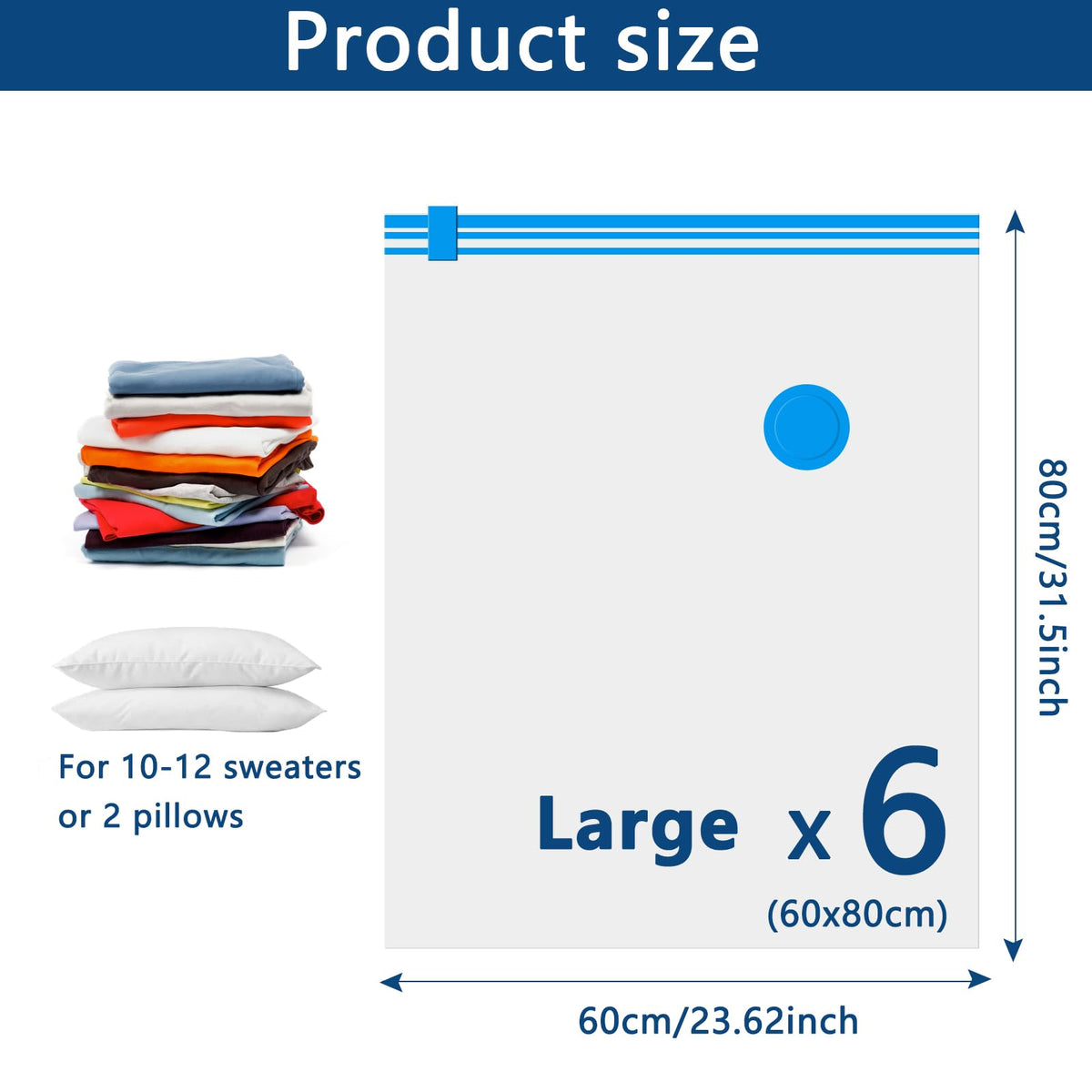 Vacuum Storage Bags - 6 Pack 80X60cm Large Reusable Space Saver Seal Bags for Travel, Compression Double Zipper Vacuum Storage Bags for Clothes