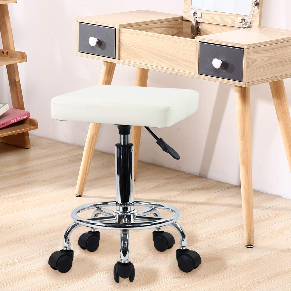 KKTONER Square Rolling Stool with Foot Rest PU Leather Height Adjustable Spa Drafting Salon Tattoo Work Swivel Stools Task Chair Small (White)