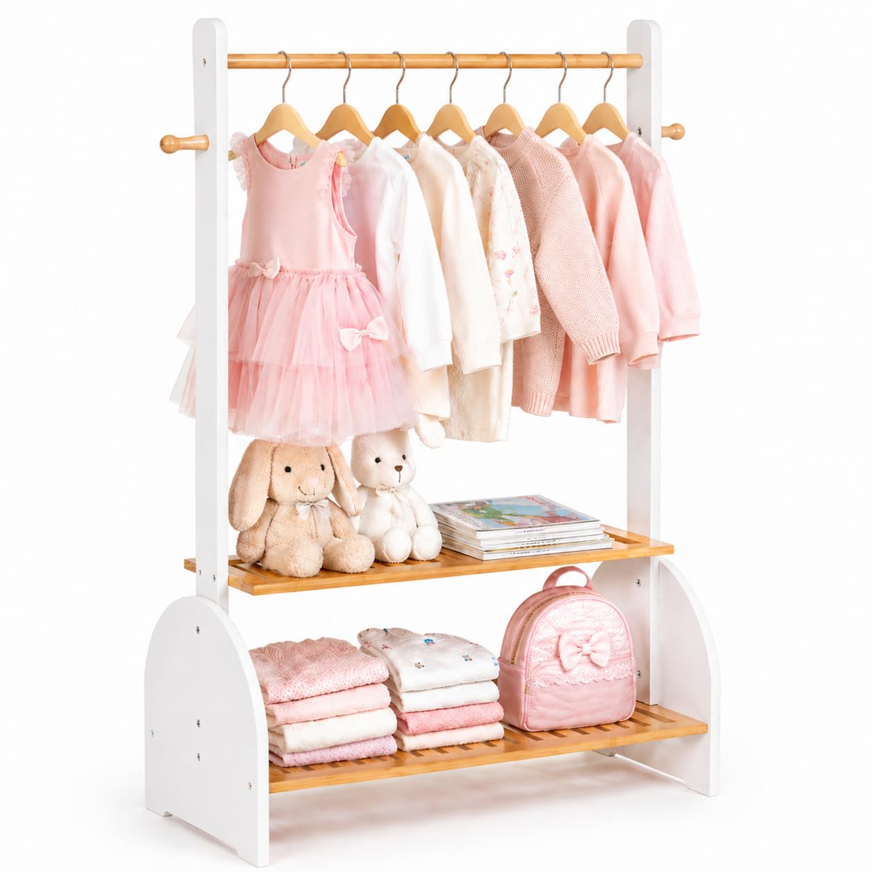 BAMBOOHOMIE Kids Clothing Rack with Adjustable Rods, Children Clothes Garment Rack for Kids Baby Pet, Kids Dress Up Rack with 2 bottom shelves