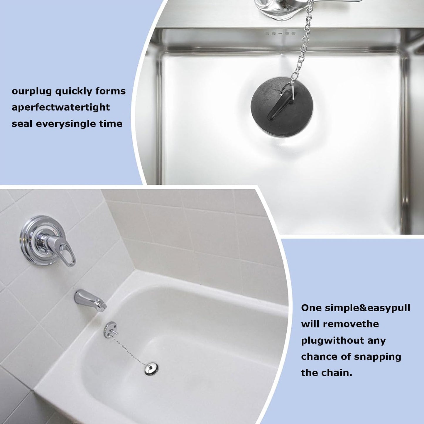 2 Pcs Universal bath plug with Stainless Steel Chain