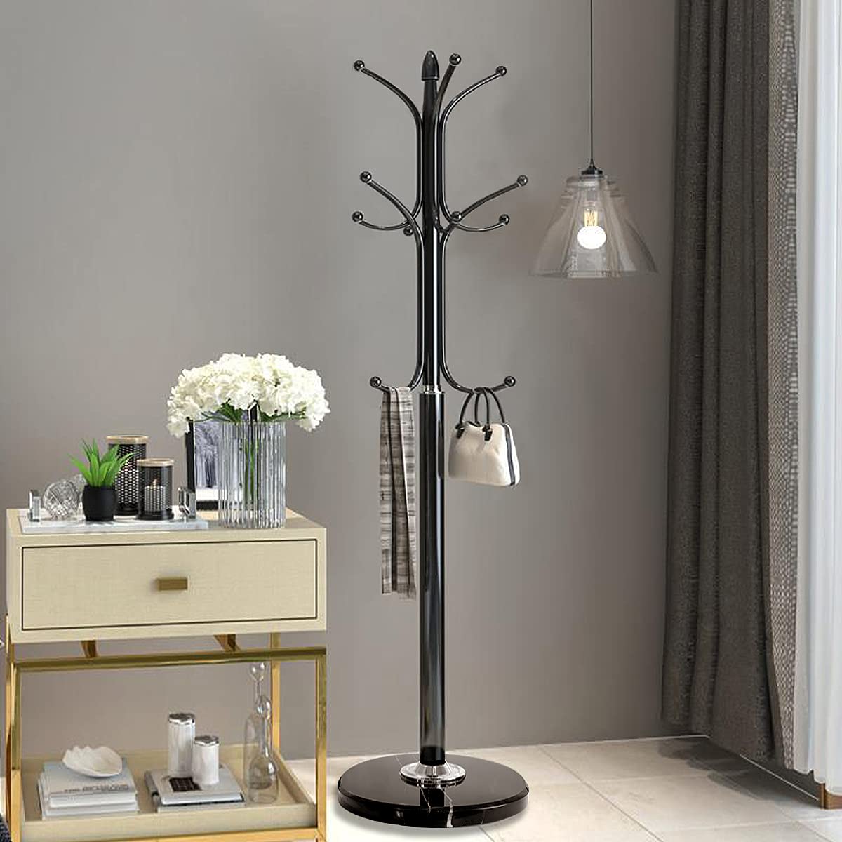 Kertnic Metal Coat Rack Stand with Natural Marble Base, Free Standing Hall Tree with 12 Hooks for Hanging Scarf, Bag, Jacket