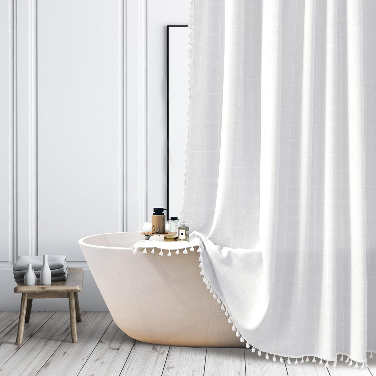 ggaimwf Farmhouse White Shower Curtain Bohemian Modern Linen Fabric Shower Curtains for Bathroom Chic Country Narrow Thick Bathroom Curtain Set with
