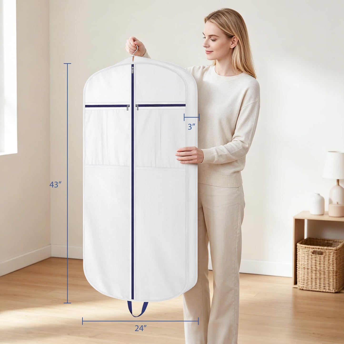 Univivi Premium Cotton Garment Bags for Travel, 43 in Suit Cover Bag,White