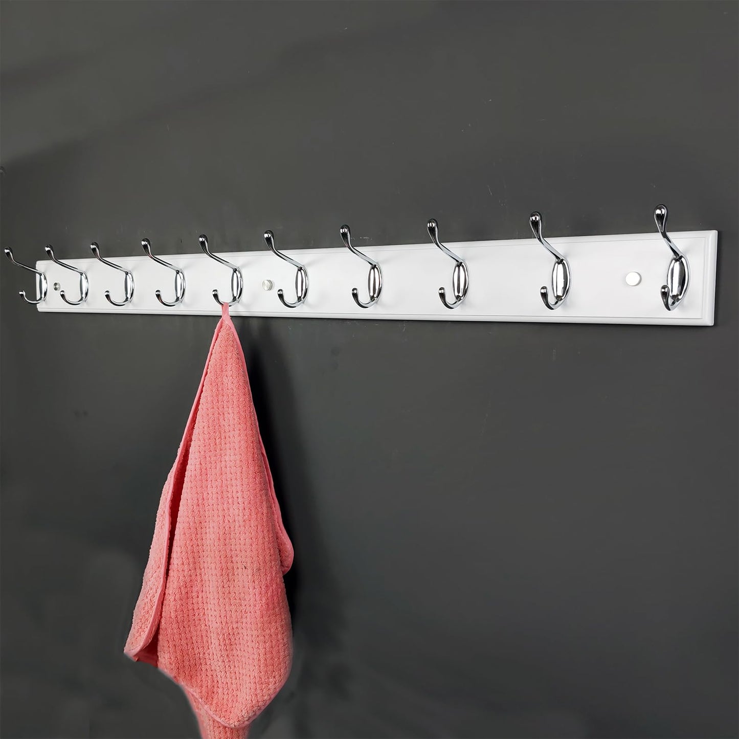 lomejii Long Wooden wall Mounted Coat Rack Wood White 10 Hooks, 95 cm, Sturdy Silver Coat Hook Rack for Clothes, Hats, Bags
