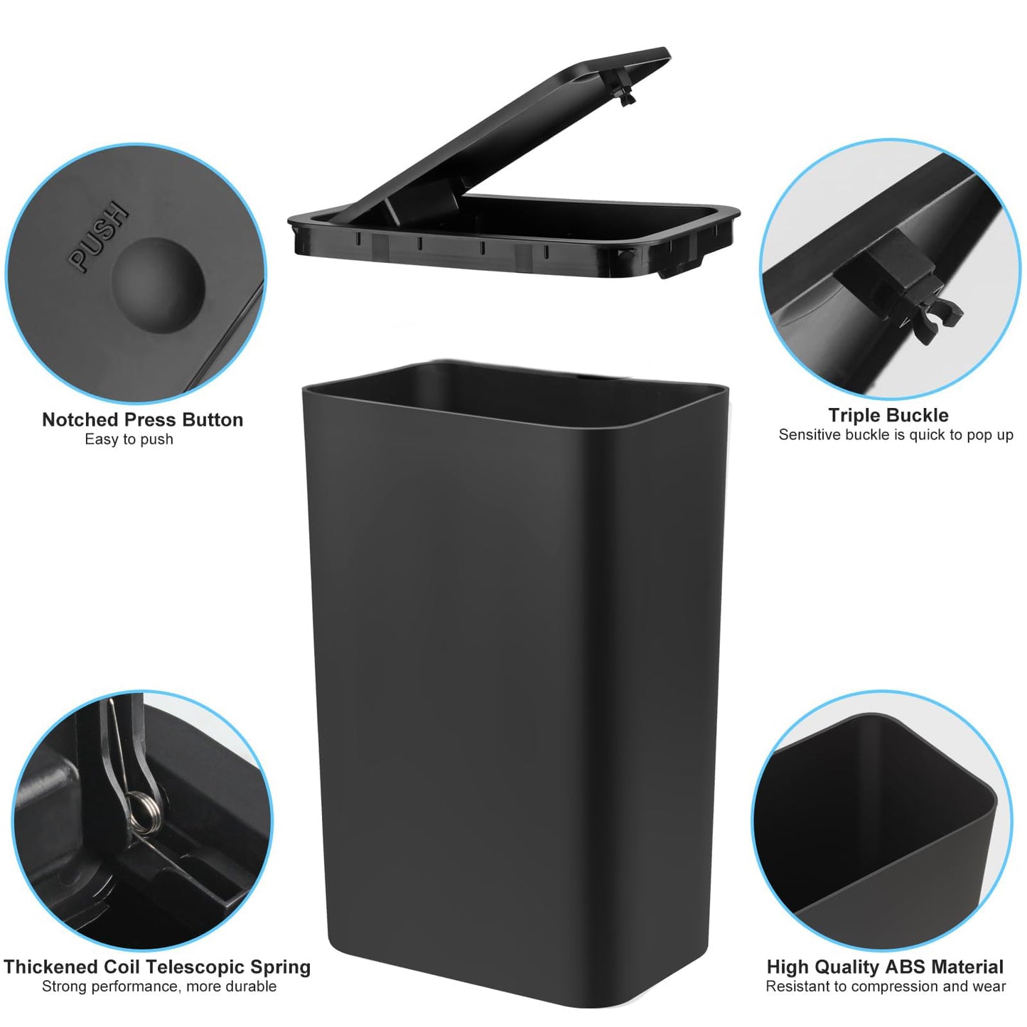 2Pack Bathroom Bin with Lid, Push Button, Plastic Bedroom Bin, Dog Proof, Trash Can for Office Living Room Kitchen Toilet, 10 Liter Capacity, Grey