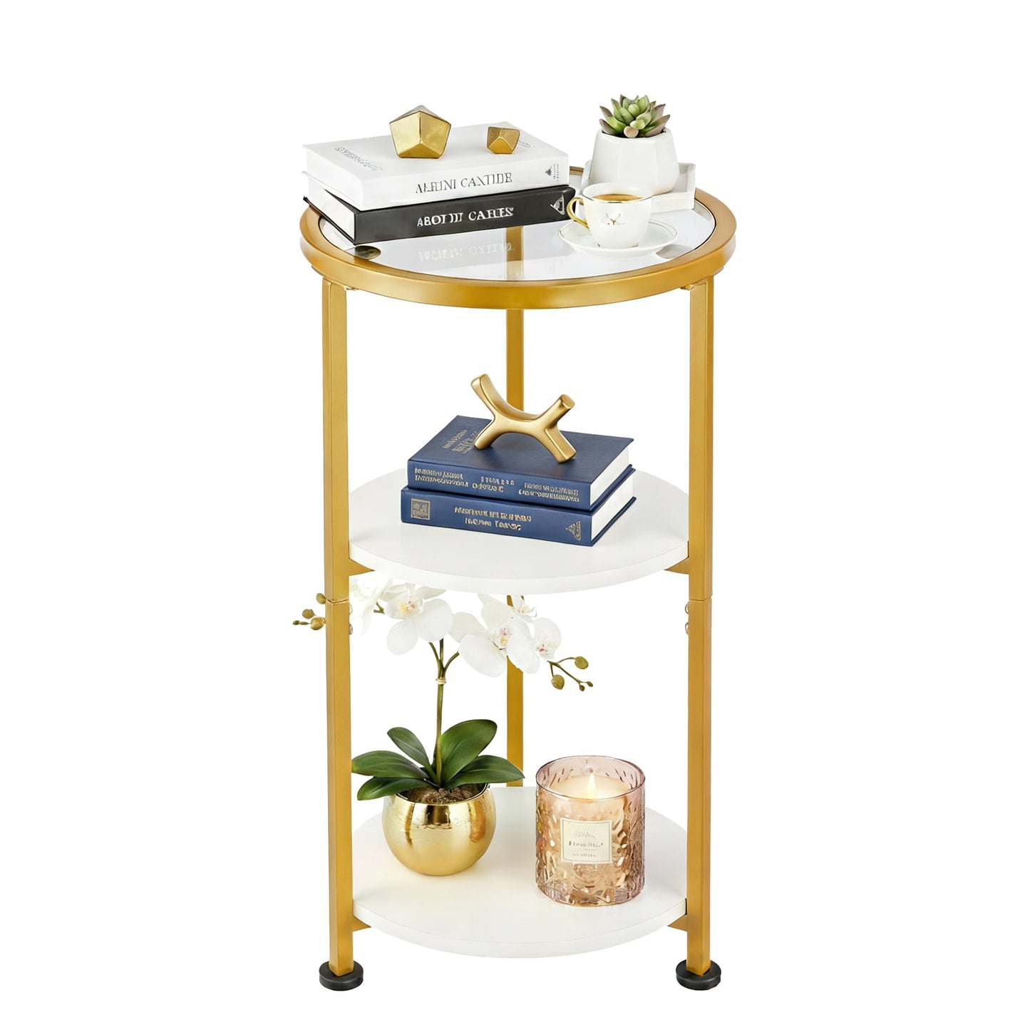 ZEXVIDA 3-Tier Tempered Glass Side Table, White & Gold