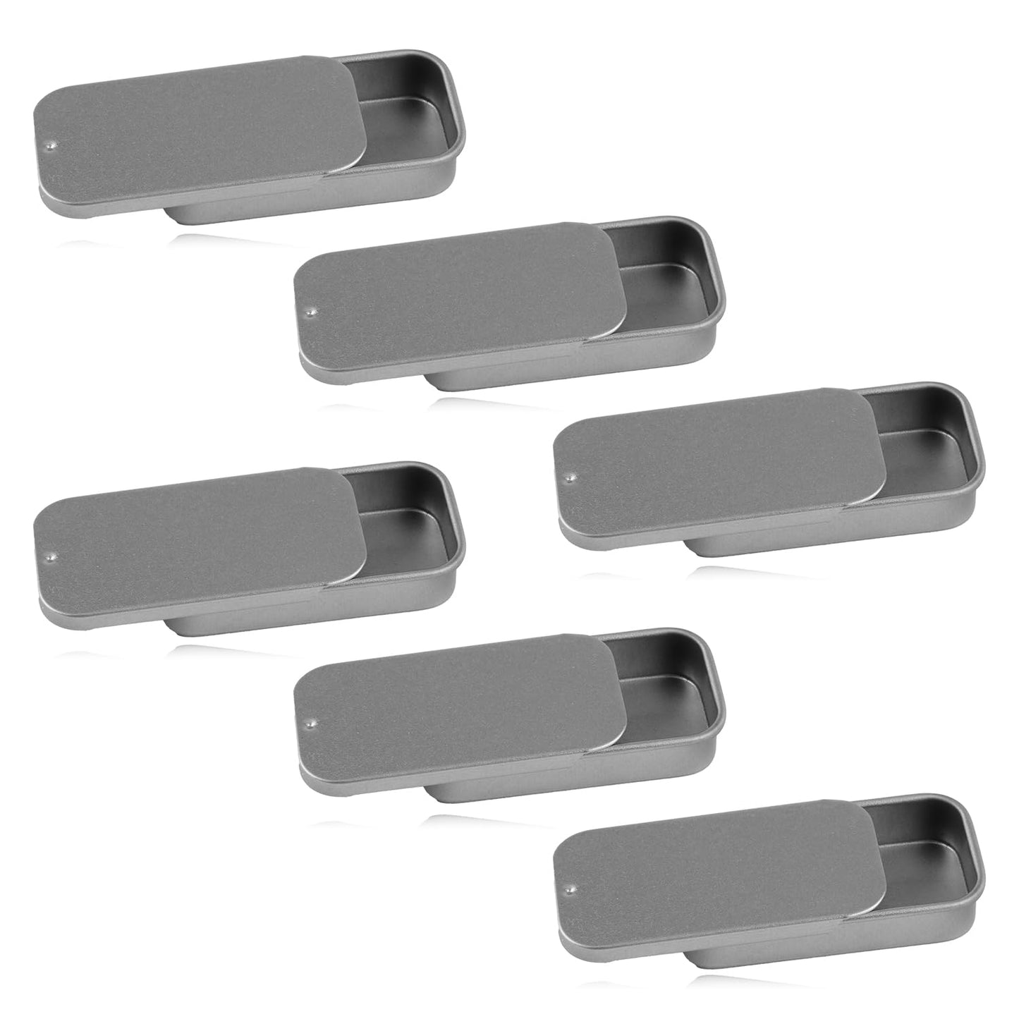 Lotsdonxia 6 Pcs Rectangular Tins, Slider Lid Metal Boxes, 50x25x10mm Portable Storage Containers, Silver Alloy Steel, Airtight Craft Organisers