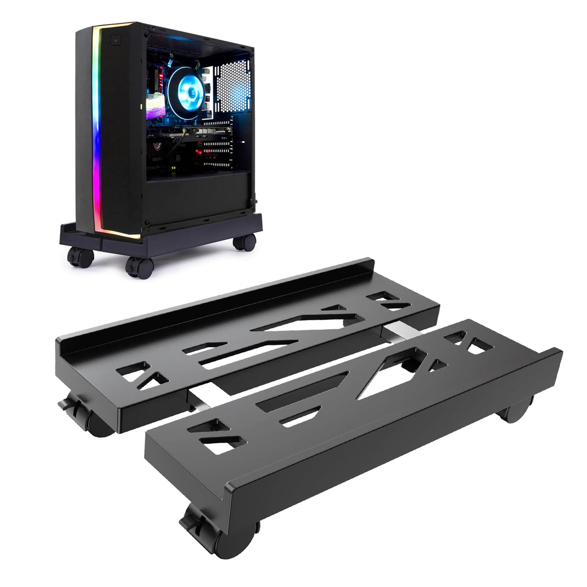CPU Stand for PC, Computer Holder, PC Holder Under Desk, Adjustable CPU Stand with 4 Wheels Under Desk Desktop Computer Tower Holder - Black