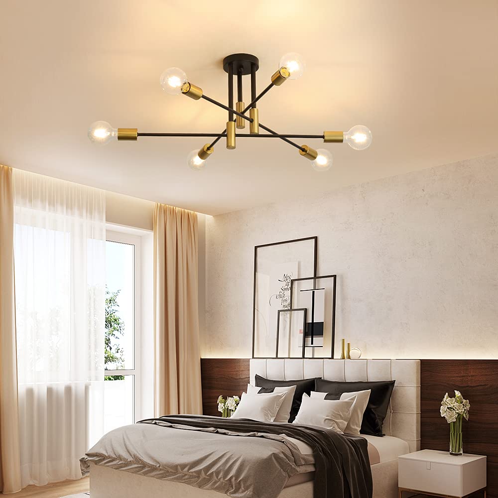 DAXGD Industrial 6-Light Modern Sputnik Ceiling Light, Black Gold, E27 Socket, Semi Flush Mount, 14 x 11 x 38 cm, Suitable for Bedroom, Living Room,