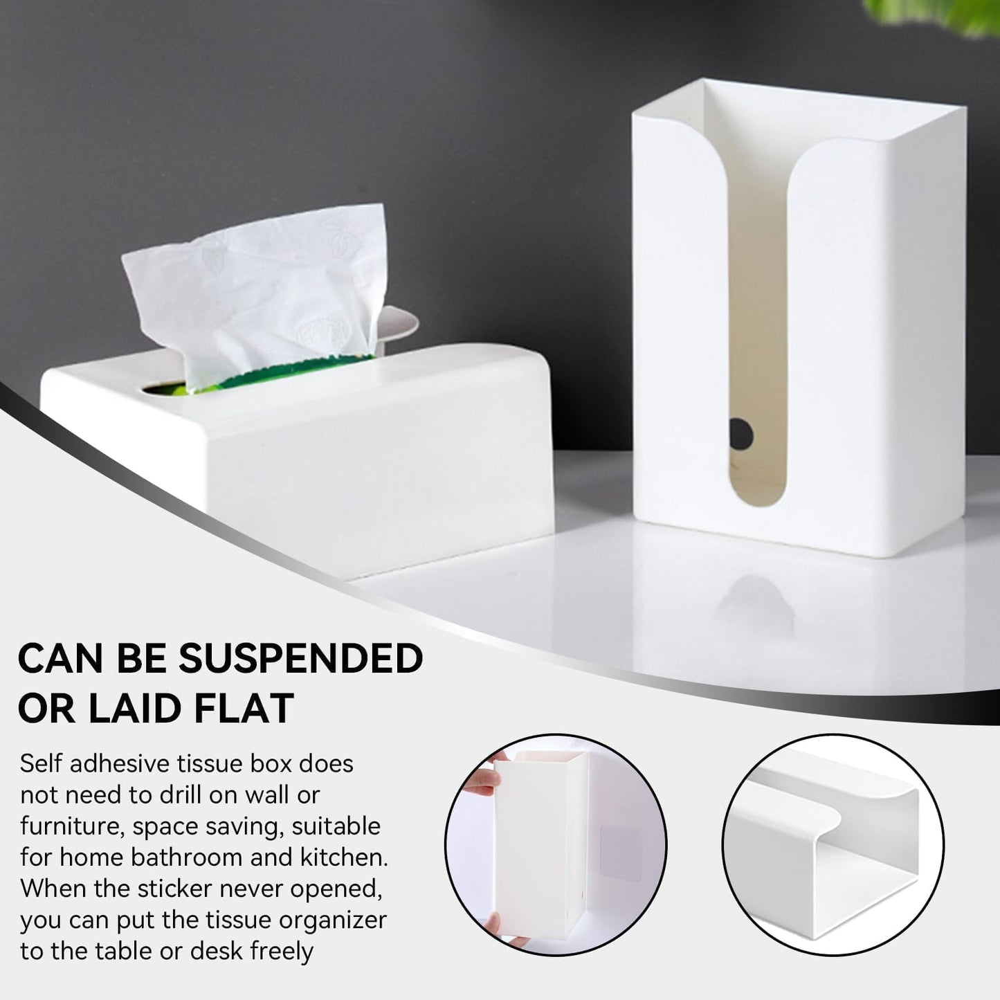 Tissue Box Cover Self Adhesive Wall Mounted Facial Tissues Box Napkin Holder Dispenser for Table & Kitchen Cabinet & Wall, Upward or Downwar