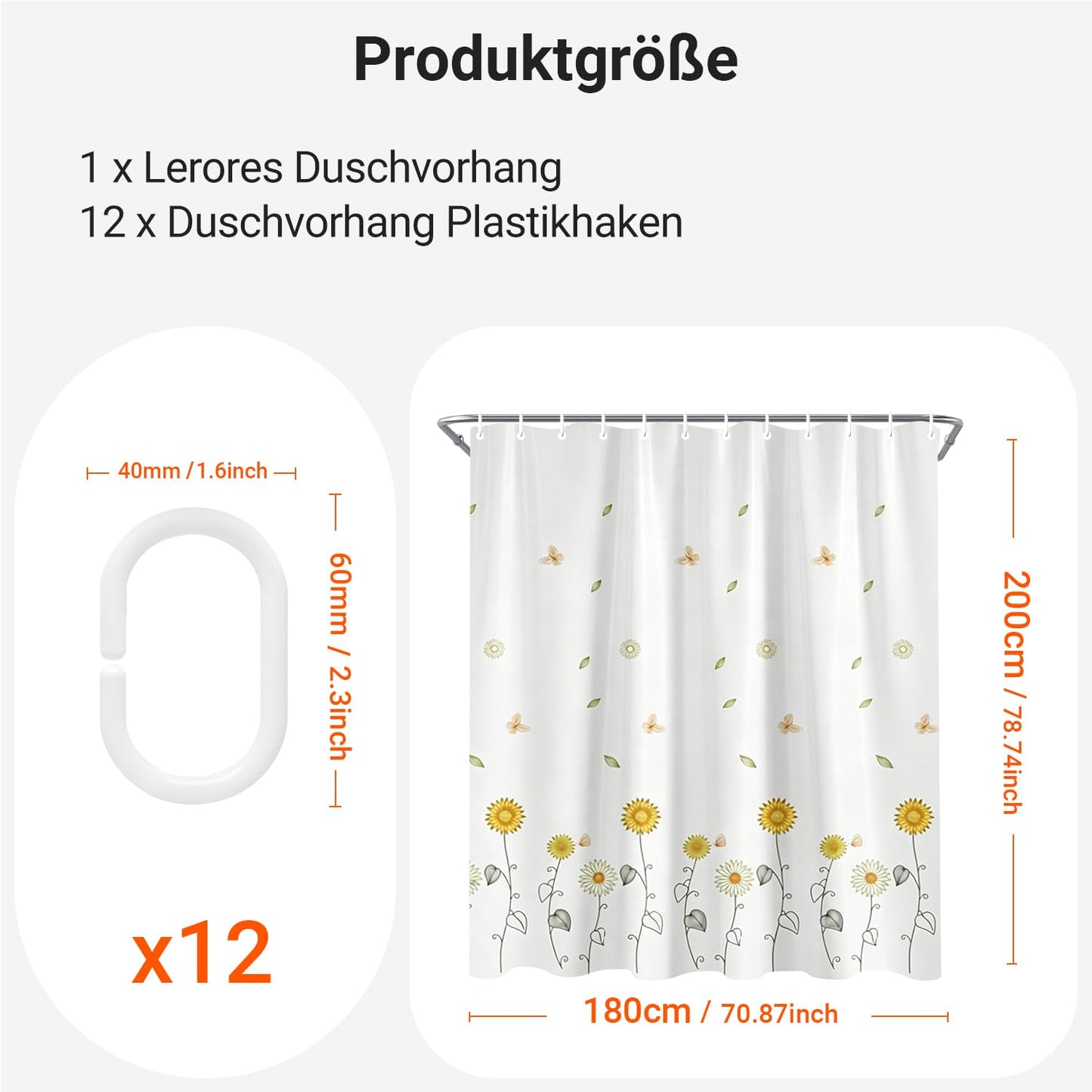 Lerores Shower Curtain, 180 x 200 cm, Dancing Sunflowers, Weighted Hem, Anti-Mould, Water-Repellent