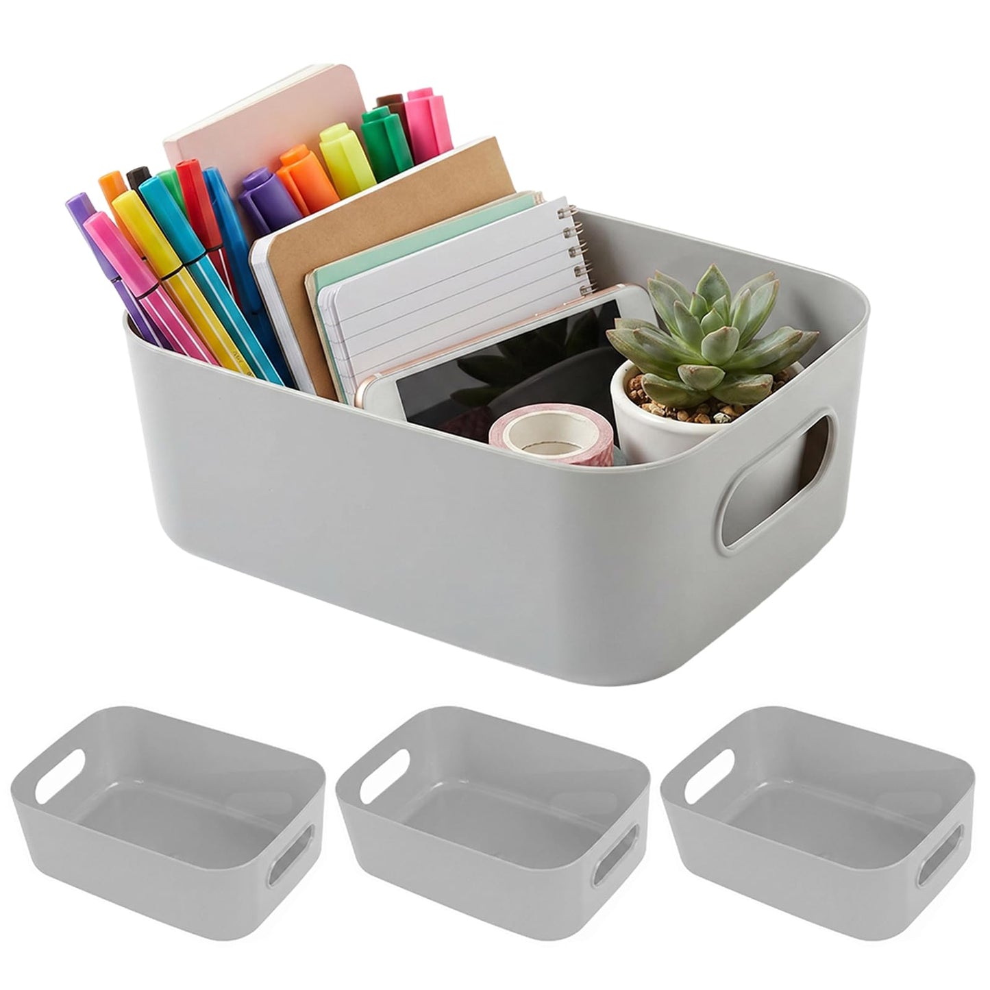 Plastic Storage Boxes,Storage Basket with Handles,21x14x7cm,Grey, Pack of 4