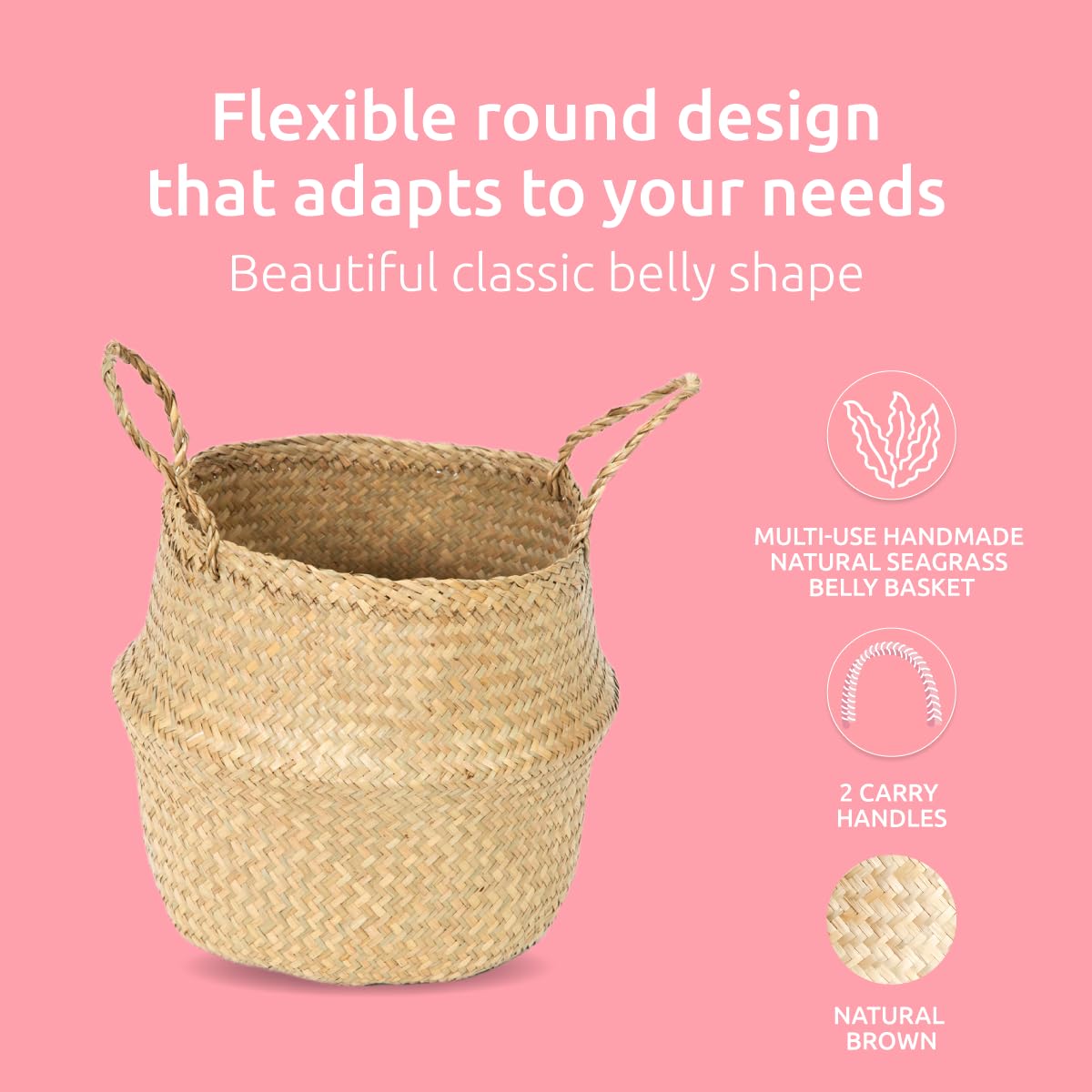 Compactor Belly Collection - Handwoven Seagrass Basket, Medium, Natural, 27X27X26 cm - Sku: RAN8405