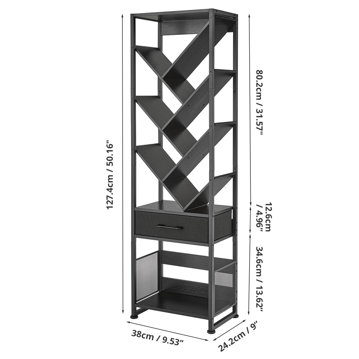 ruboka Tree Bookshelf with Side Table, Tall Bookcase with Storage Cabinet, Floor Standing Modern Narrow Bookshelves Organizer for Bedroom/Living