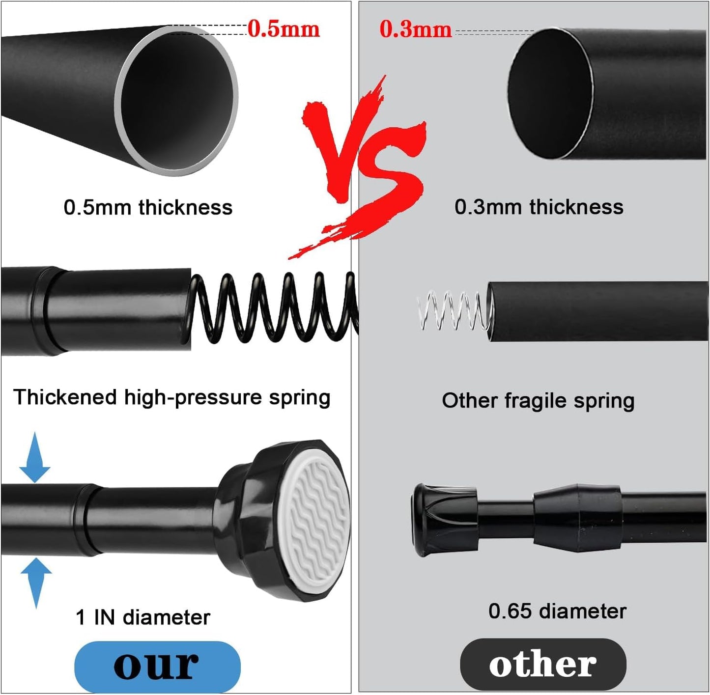 Extendable Shower Pole 76-256cm, Black Spring Tension Rod No Drill for Shower Curtain, Ø25mm Curtain Rod for Bathroom, Bedroom